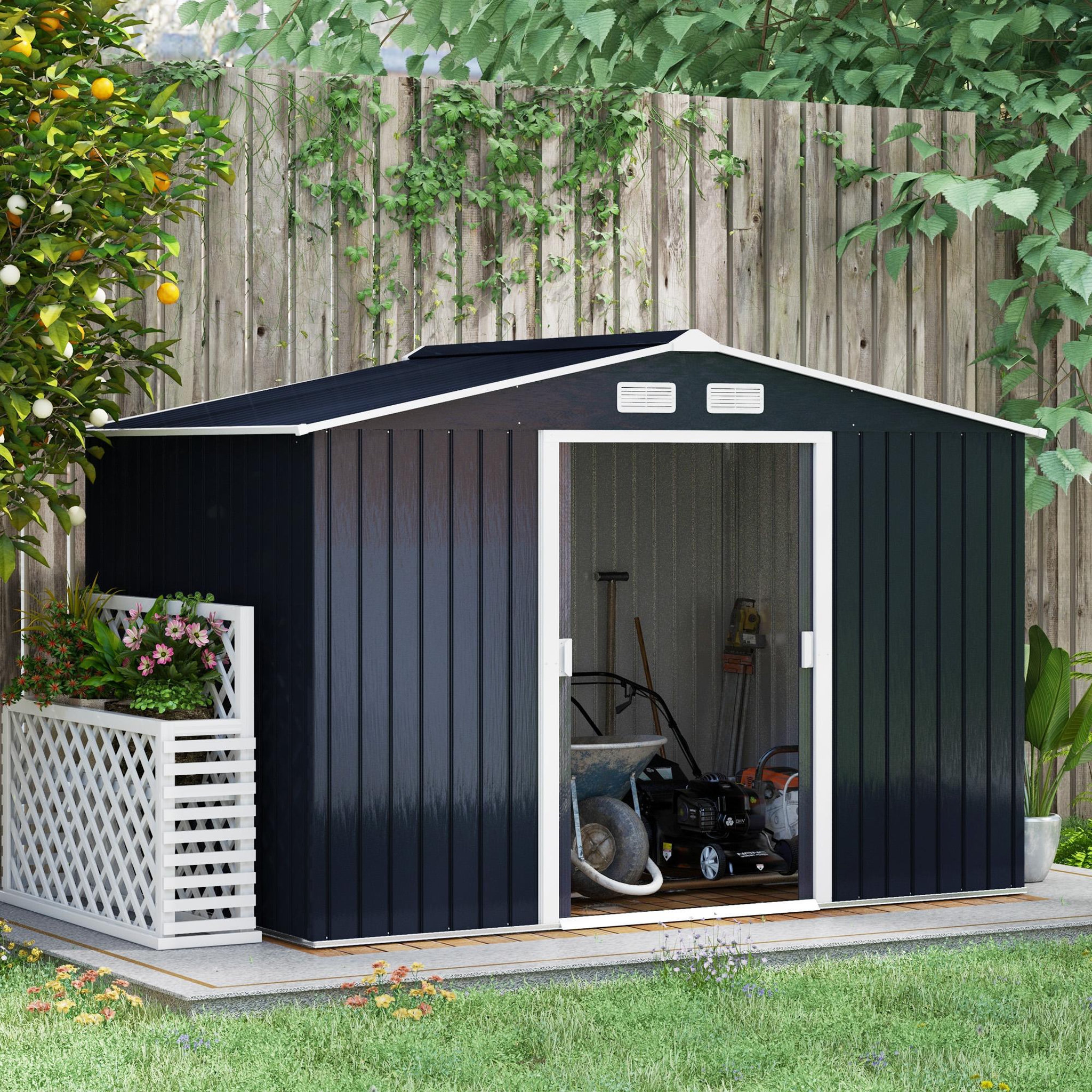 Voir la diapositive 2 : OUTSUNNY Abri de jardin - remise pour outils - cabanon double porte coulissante - fondation incluse - dim. 277L x 191l x 192H cm - tôle d'acier ondulée anthracite