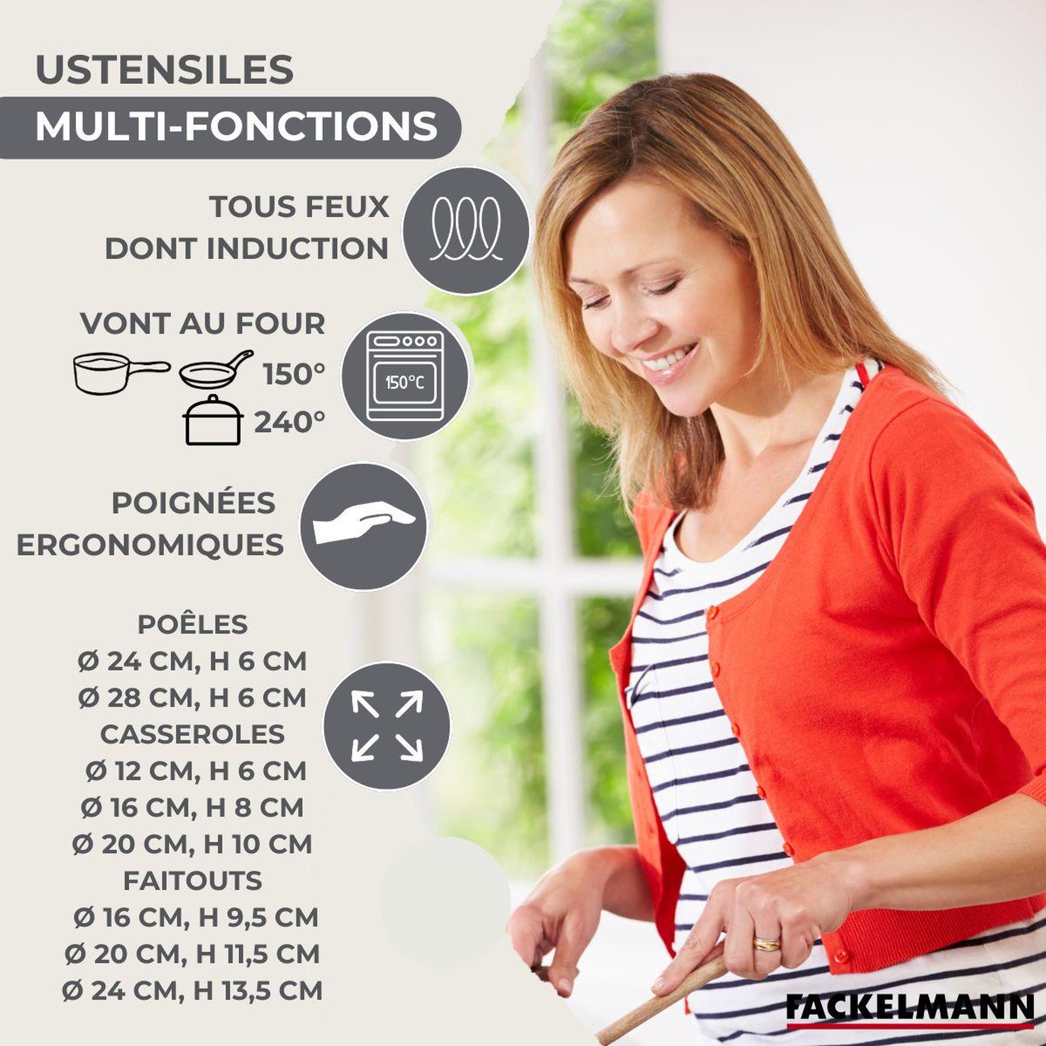 Voir la diapositive 3 : Fackelmann Batterie de 2 poêles 24/28 cm, 3 casseroles 12/16/20 cm, 3 faitouts 16/20/24 cm, 6 ustensiles fackelmann geneva