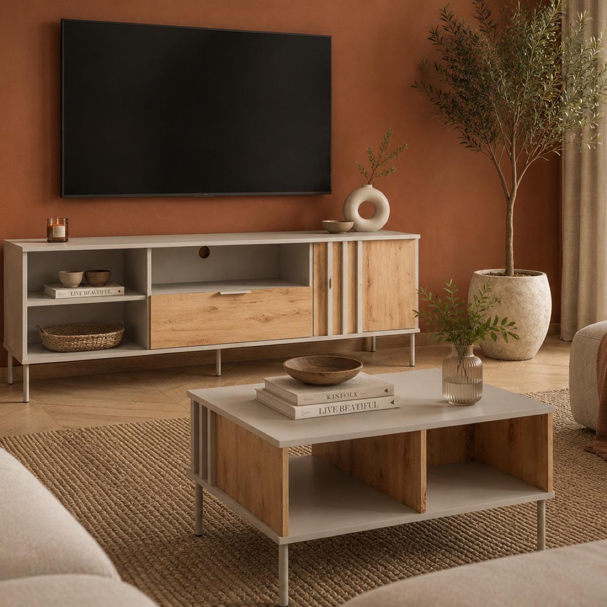 Voir la diapositive 2 : JLC KREATION Table basse moderne beige et bois irina