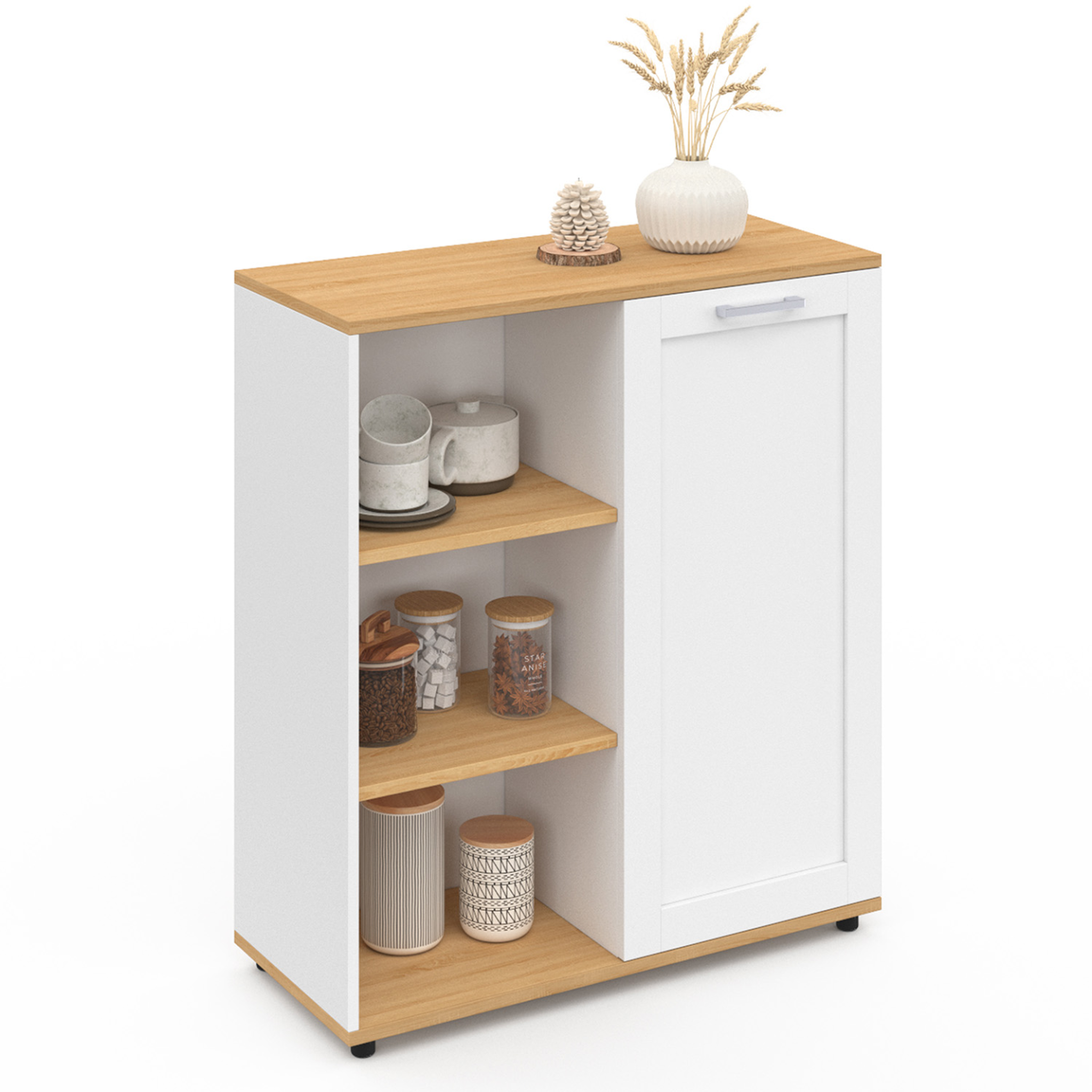 ID MARKET Buffet d'appoint 70 cm vito 3 étagères et placard blanc et plateau bois