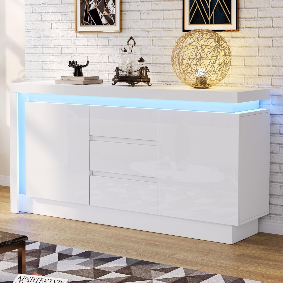 MERAX Buffet 2 porte(s) 3 tiroir(s) - 140 cm blanc led panneau de particules