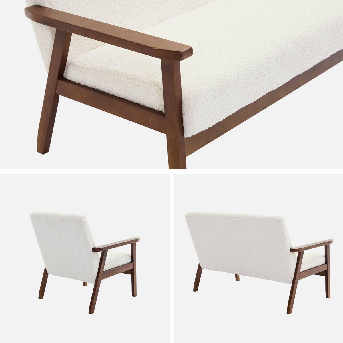 SWEEEK Canapé banquette 2 places et fauteuil tissu bouclette. pieds teinté noyer clair