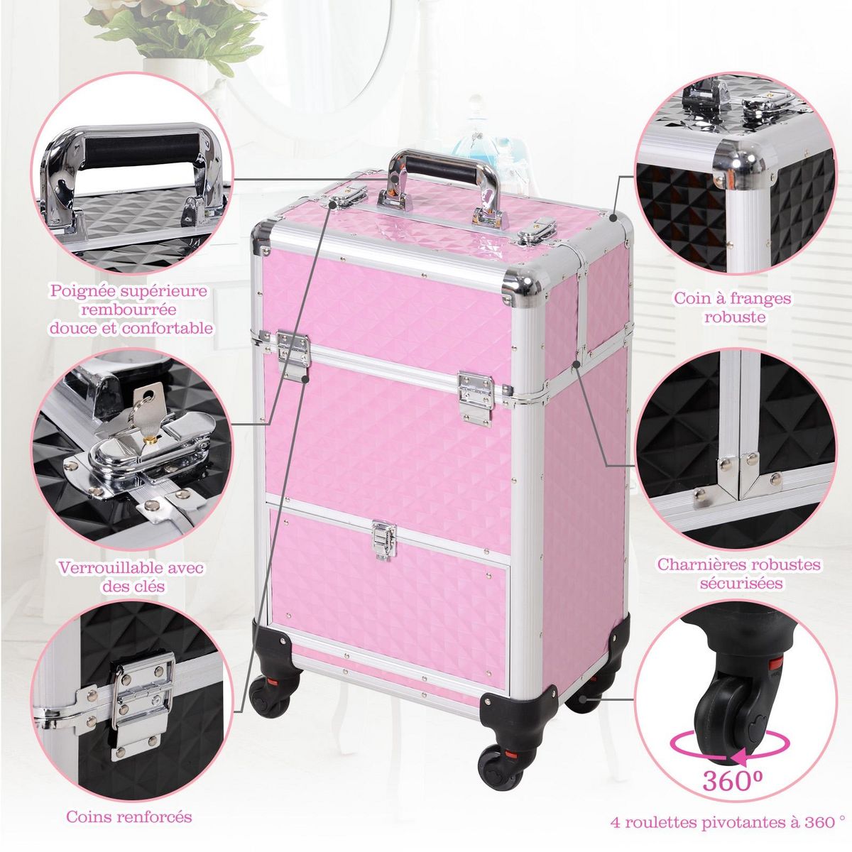 HOMCOM Valise trolley maquillage mallette cosmétique vanity poignée télescopique réglable 34L x 25l x 62H cm alu.