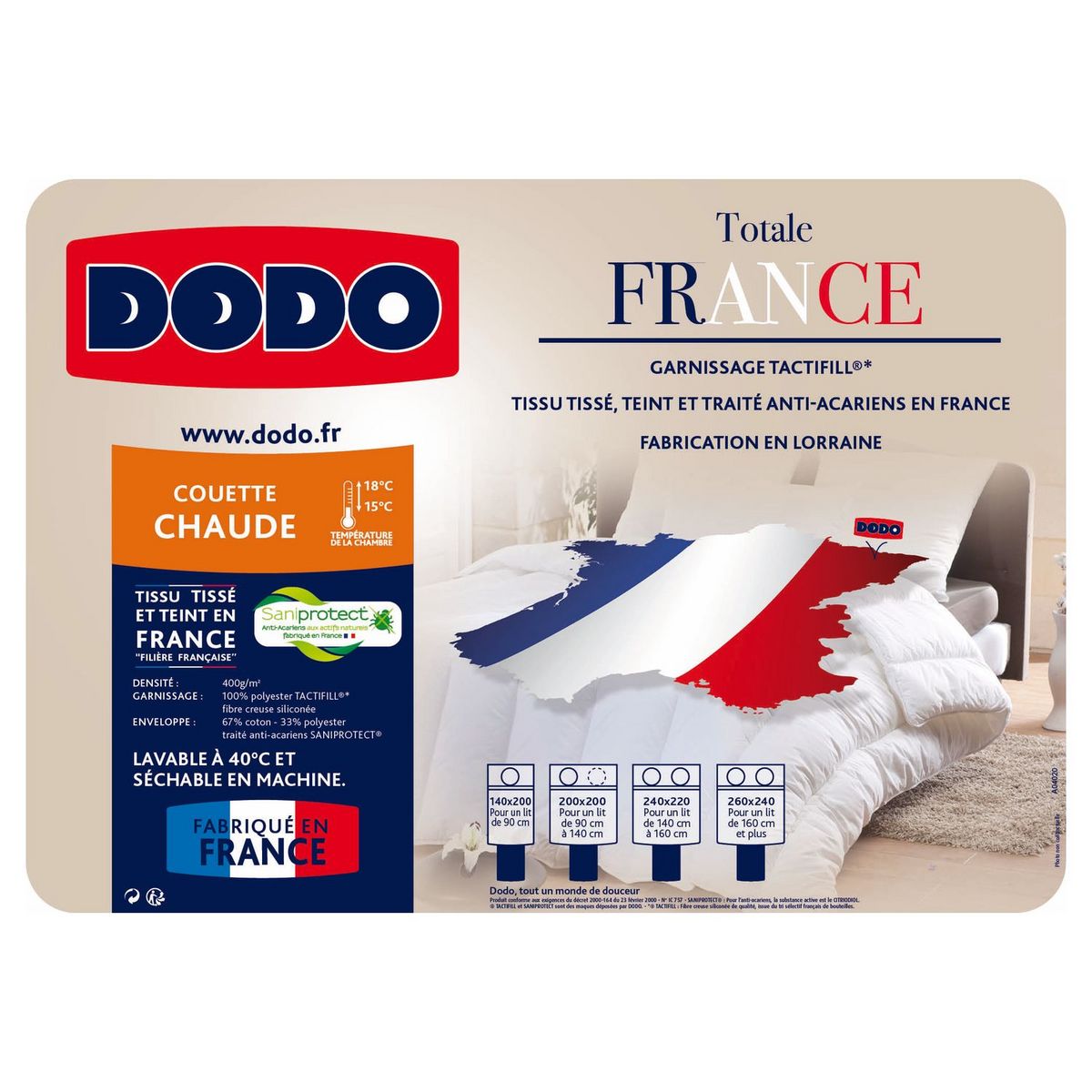 DODO Couette chaude anti-acariens DODO 300g/m² Totale France Saniprotect