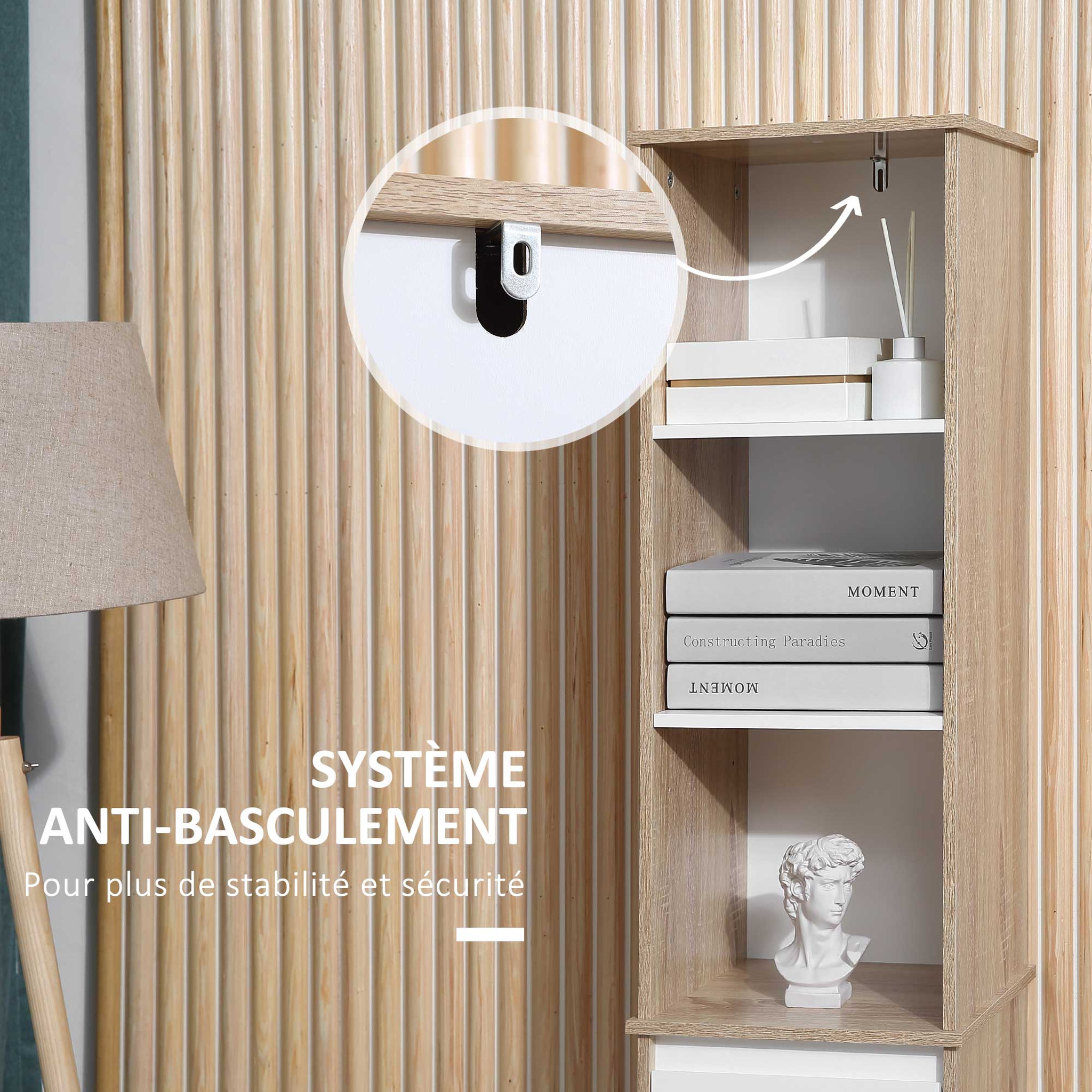 Voir la diapositive 6 : KLEANKIN Meuble colonne rangement salle de bain style cosy 3 niches tiroir placard avec étagère blanc aspect chêne clair