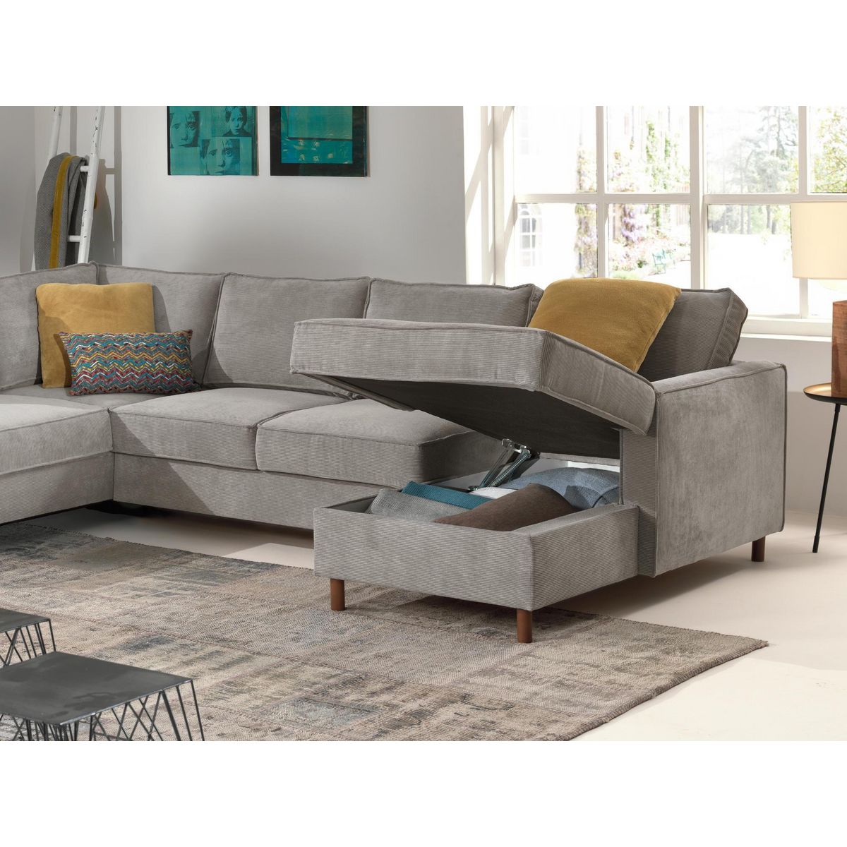 LISA DESIGN Jake - canapé panoramique d'angle gauche - convertible avec coffre - 7 places - en velours côtelé