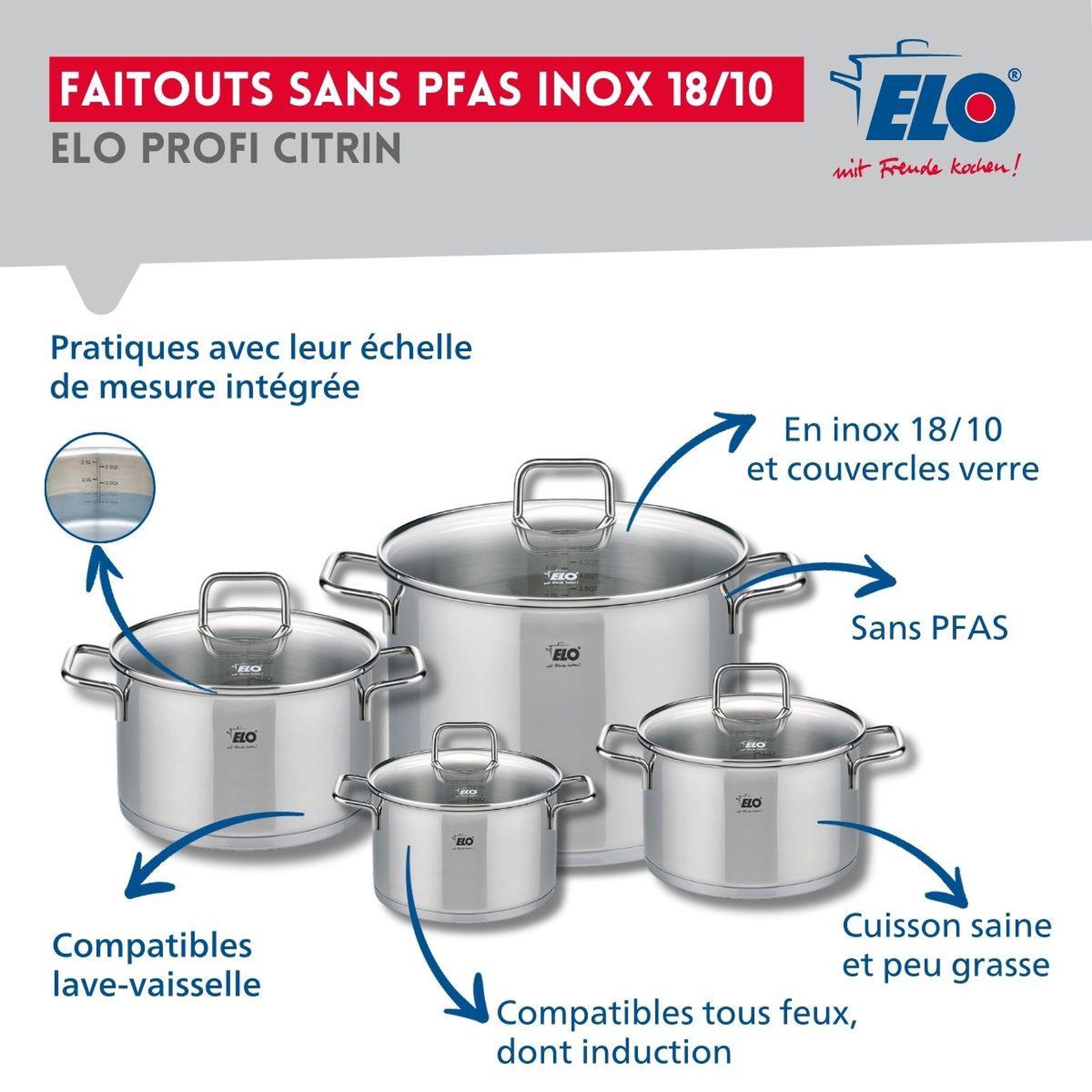 Voir la diapositive 3 : ELO Ensemble de 1 poêle de cuisson 28 cm et 4 faitouts 14, 16, 20 et 26 cm elo profi citrin