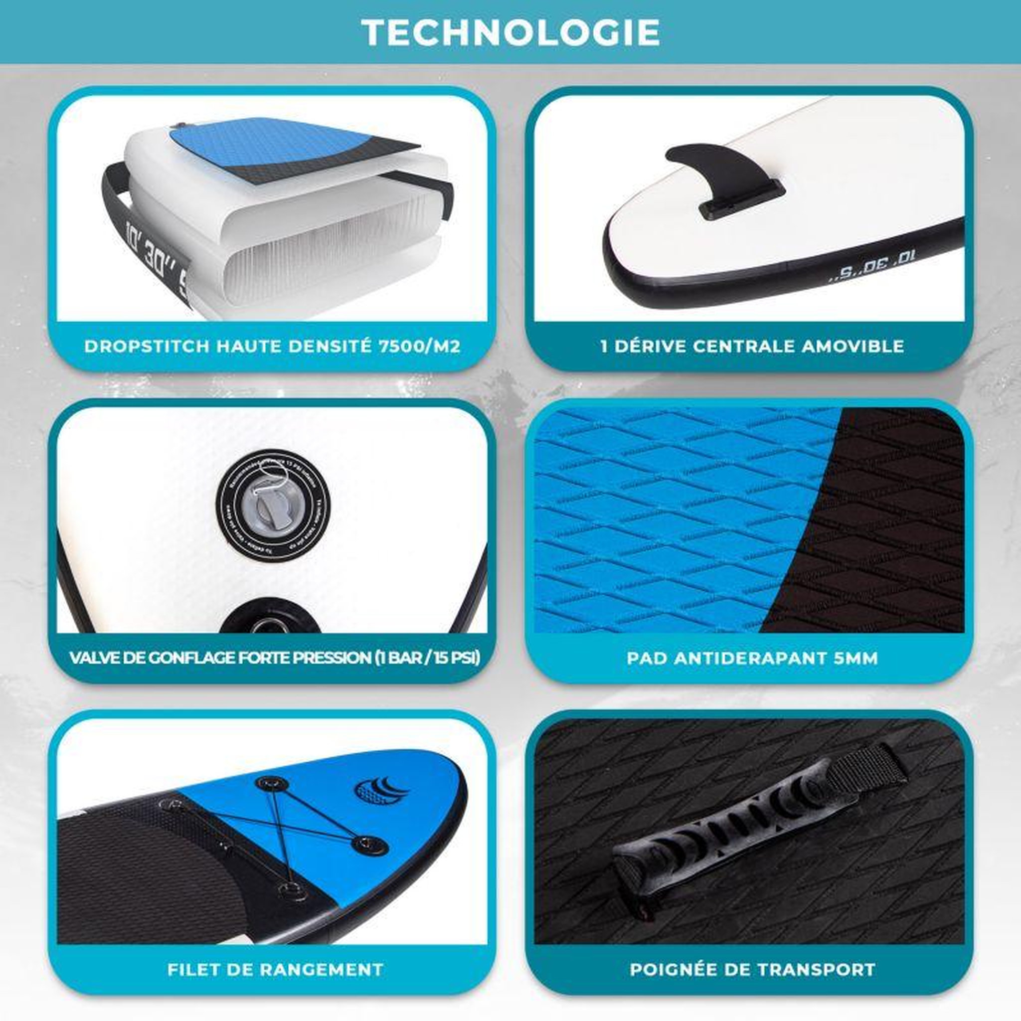 Voir la diapositive 4 : ADRENALIN Paddle Gonflable URA 10' 30'' 5'' (305x76x13cm) avec Pompe, Pagaie, Leash et Sac de Transport