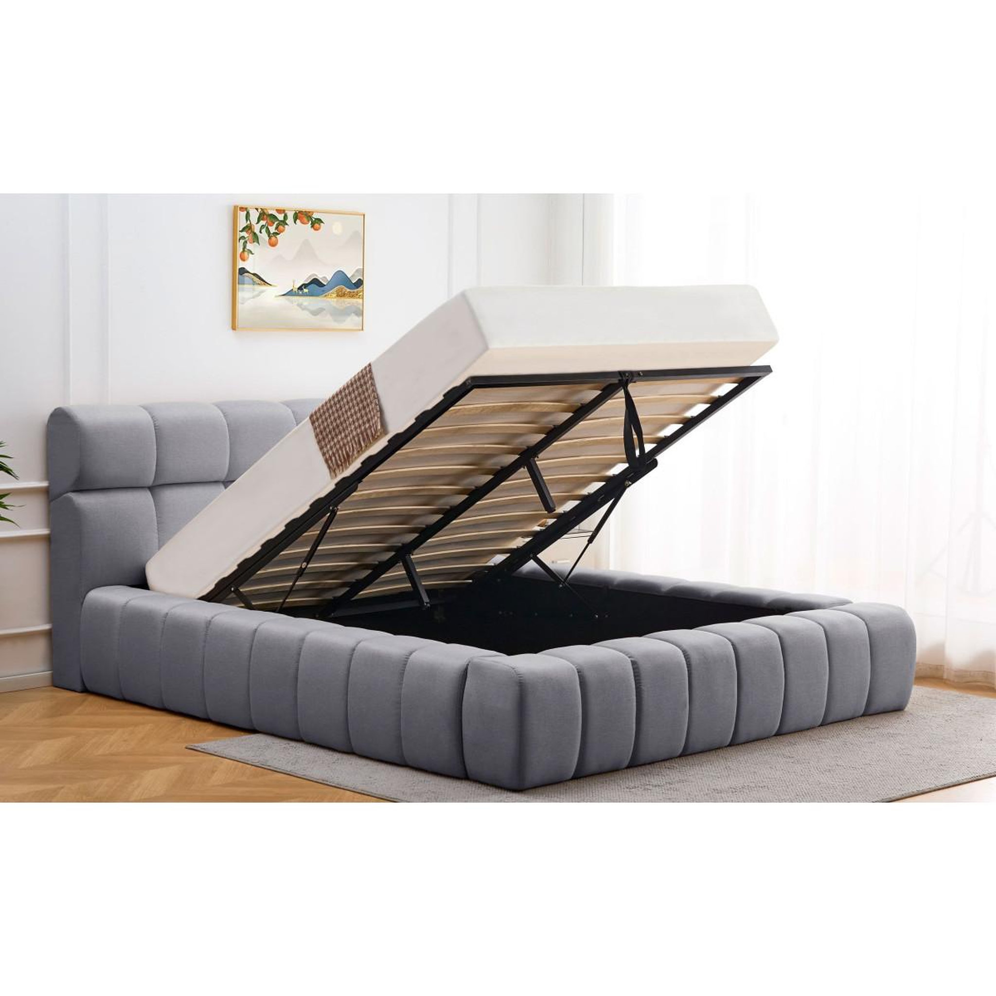 Voir la diapositive 3 : Paris Prix Lit coffre matelassé en tissu  seth  140x190cm gris foncé