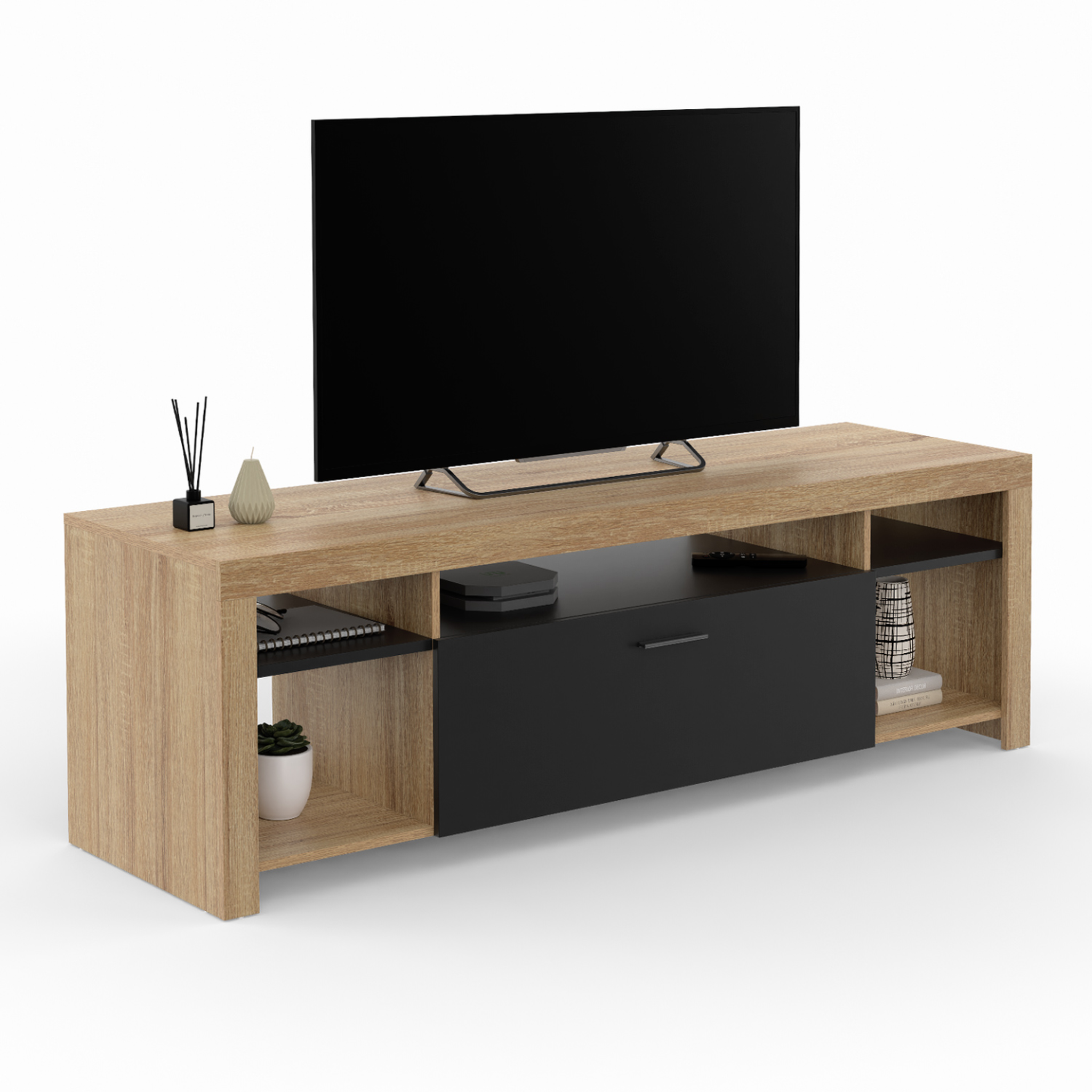 ID MARKET Meuble tv 140 cm malo bois et placard noir