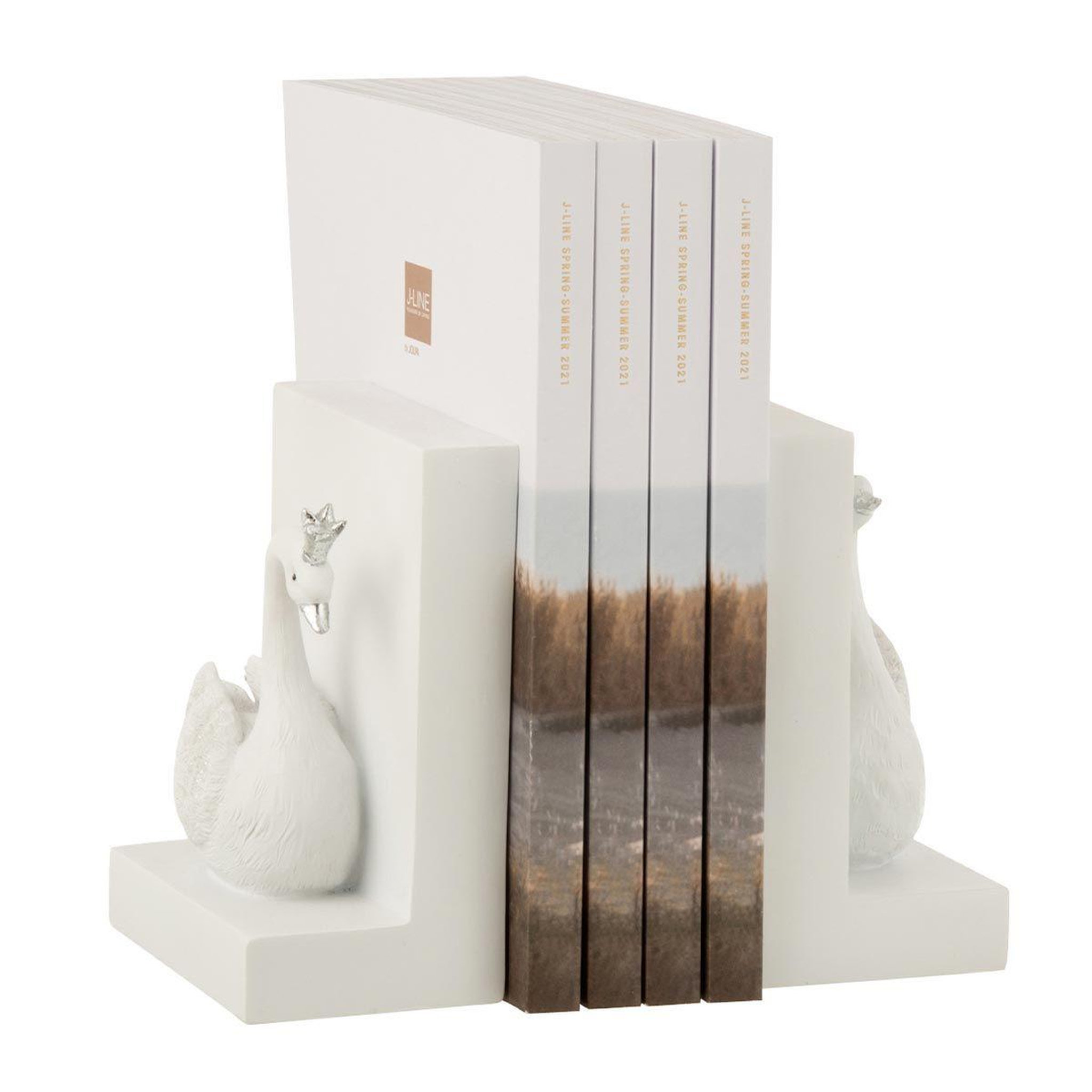 Voir la diapositive 2 : J-LINE Lot de 2 serre-livres  cygne  14cm blanc & argent