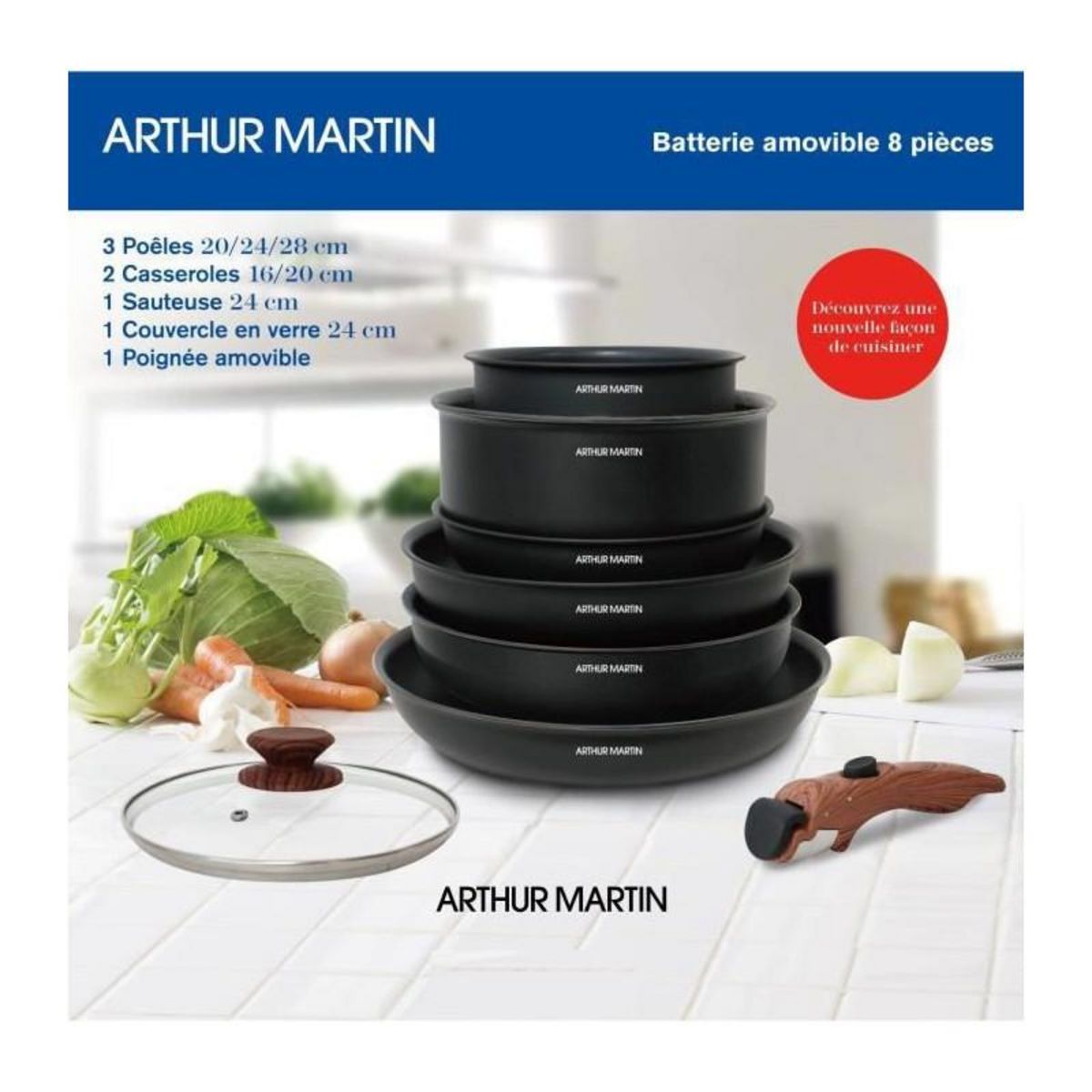 Arthur Martin Batterie de cuisine 8 pieces ARTHUR MARTIN - Aluminium - Poignée Bois - Tous feux dont induction