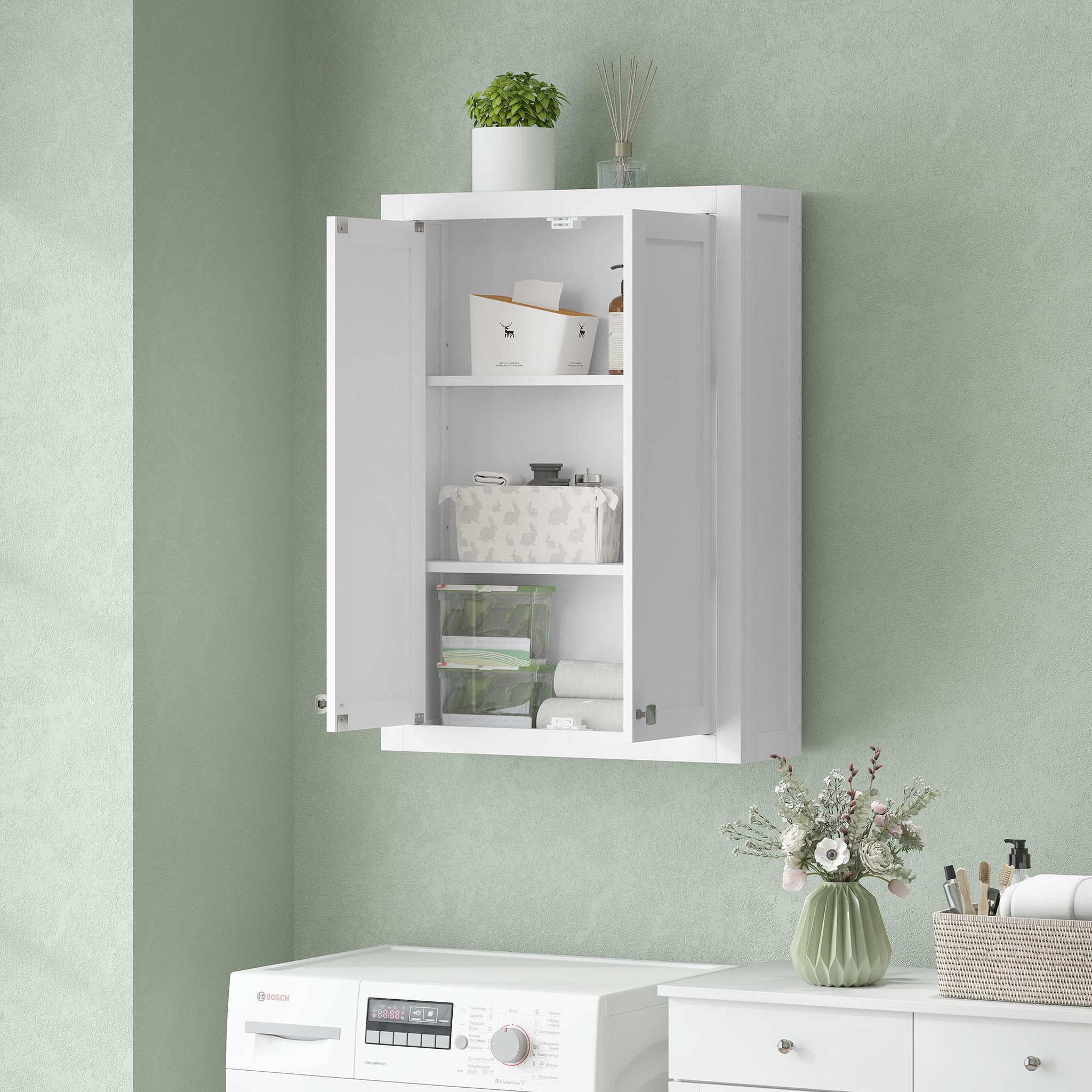 Voir la diapositive 4 : HOMCOM Armoire murale de salle de bain 3 niveaux 2 portes étagère bois blanc
