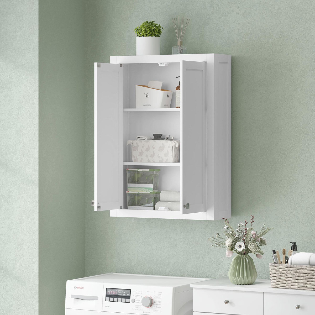 HOMCOM Armoire murale de salle de bain 3 niveaux 2 portes étagère bois blanc