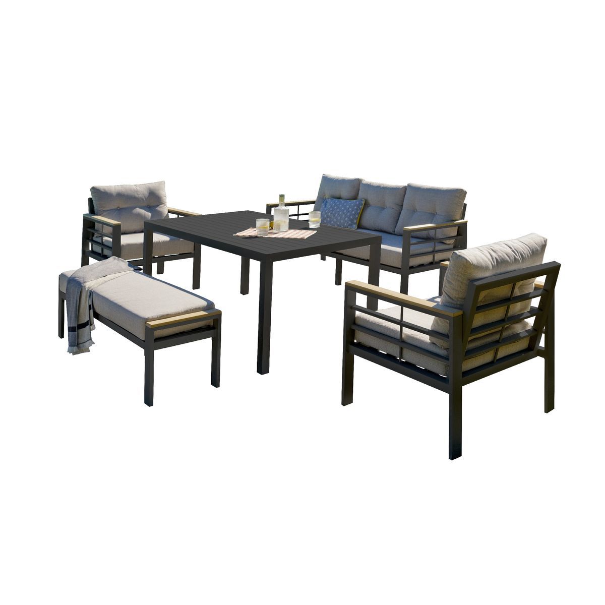 DCB GARDEN Salon de jardin 7 personnes en aluminium noir CAYENNE