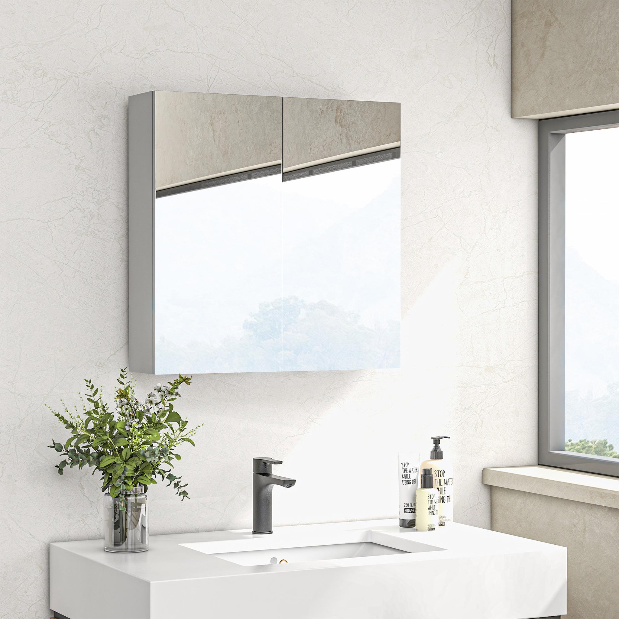 Voir la diapositive 2 : KLEANKIN Armoire miroir de salle de bain armoire murale double portes et étagères dim. 60l x 15l x 60h cm mdf blanc