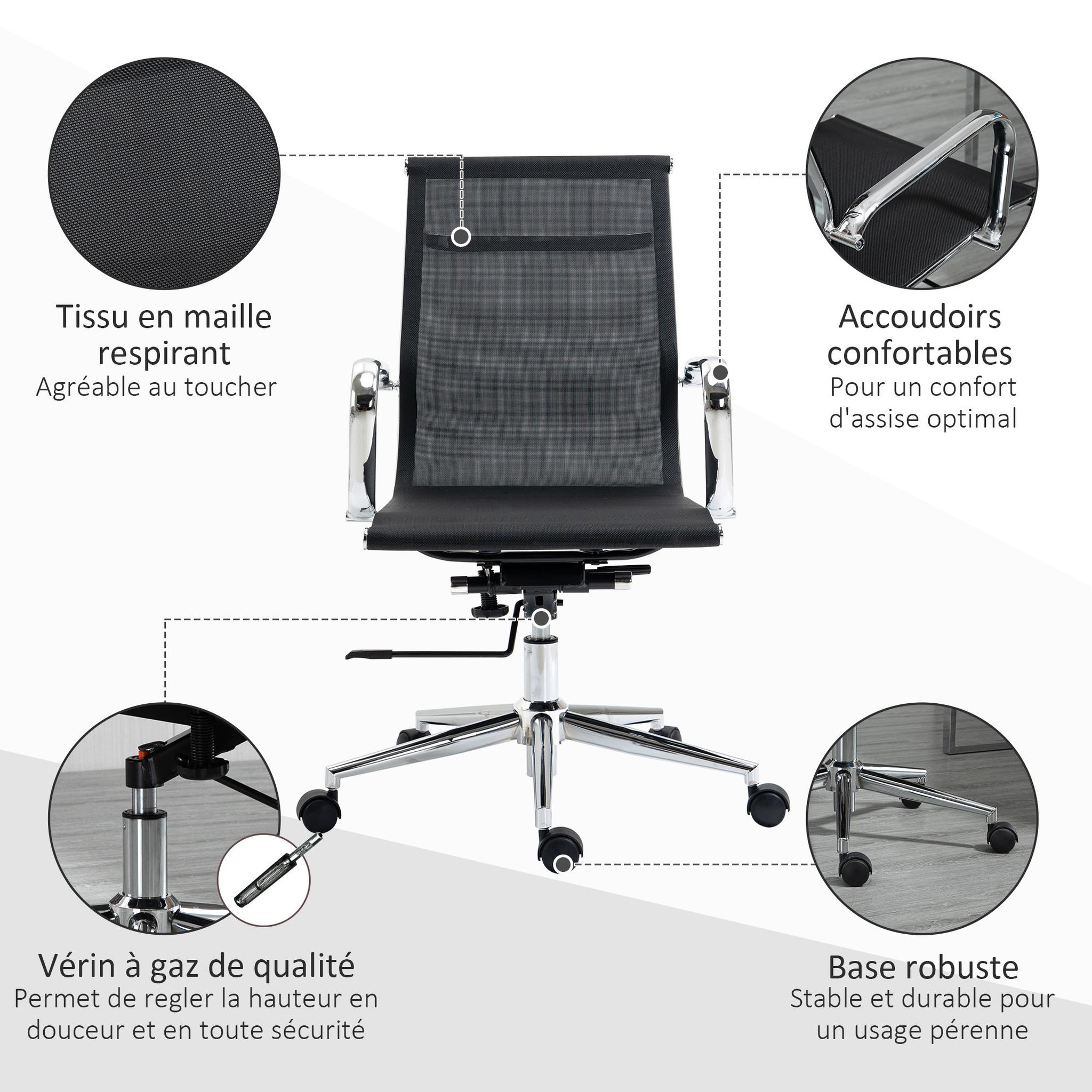 Voir la diapositive 5 : VINSETTO Vinsetto Fauteuil de bureau direction réglable pivotant 360° fonction bascule verrouillable piètement et accoudoirs chromés maille noir