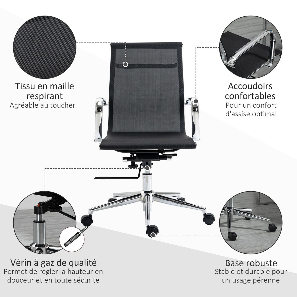 VINSETTO Vinsetto Fauteuil de bureau direction réglable pivotant 360° fonction bascule verrouillable piètement et accoudoirs chromés maille noir