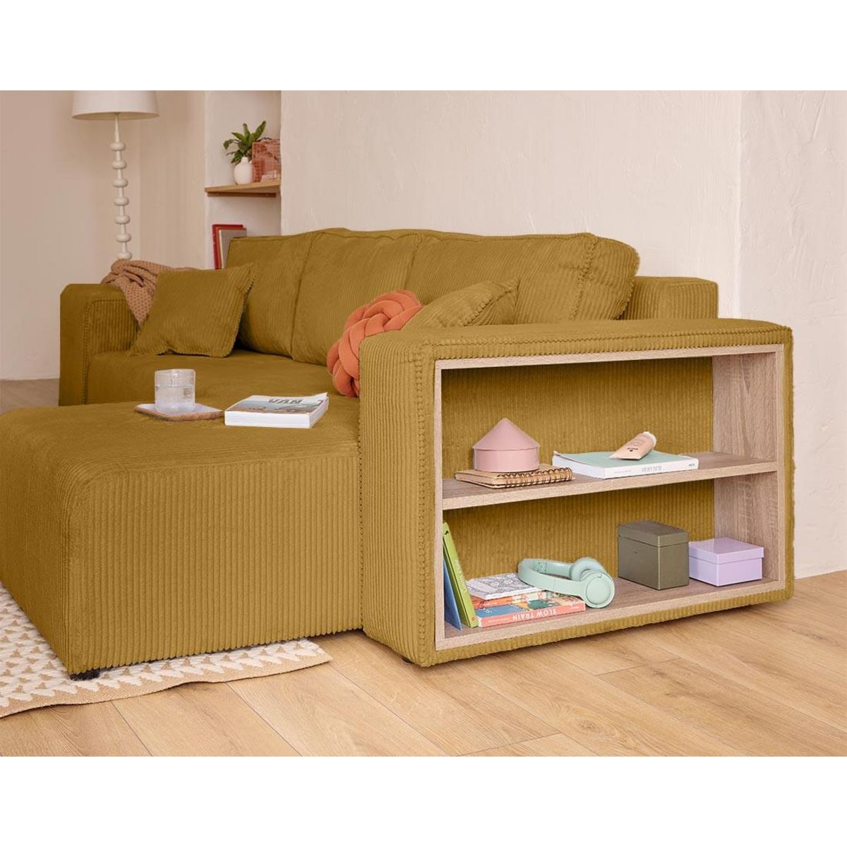 BEST MOBILIER Topaze - canapé d'angle réversible 4 places - convertible avec coffre, tablette et poufs - en velours côtelé