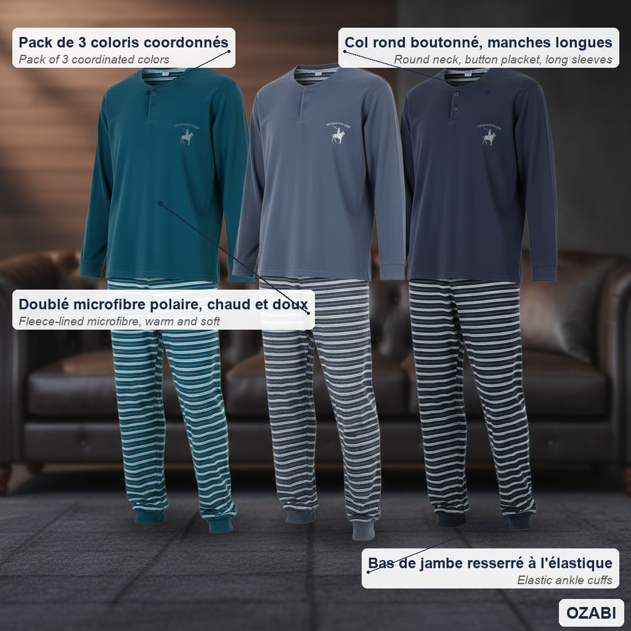 Voir la diapositive 5 : OZABI Ozabi ensemble pyjama homme doublé polaire pack de 3 coloris assortis