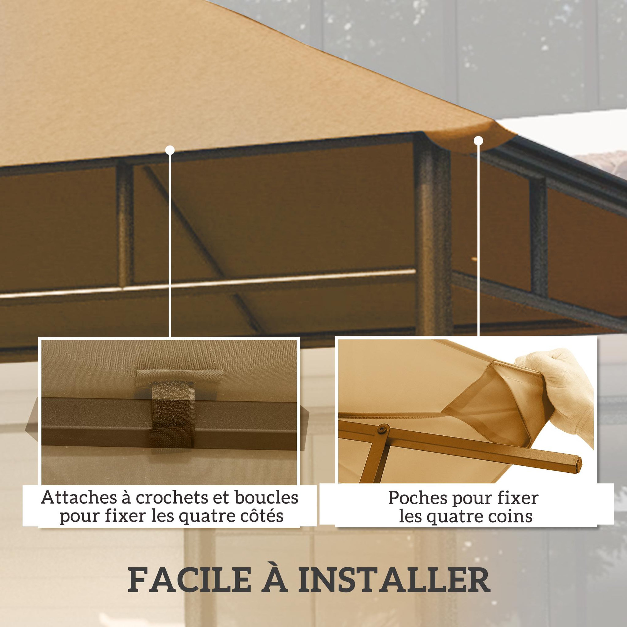 Voir la diapositive 4 : OUTSUNNY Toile de rechange pour pavillon tonnelle tente 3 x 3 m polyester haute densité 180 g/m² revêtement PA anti-UV beige