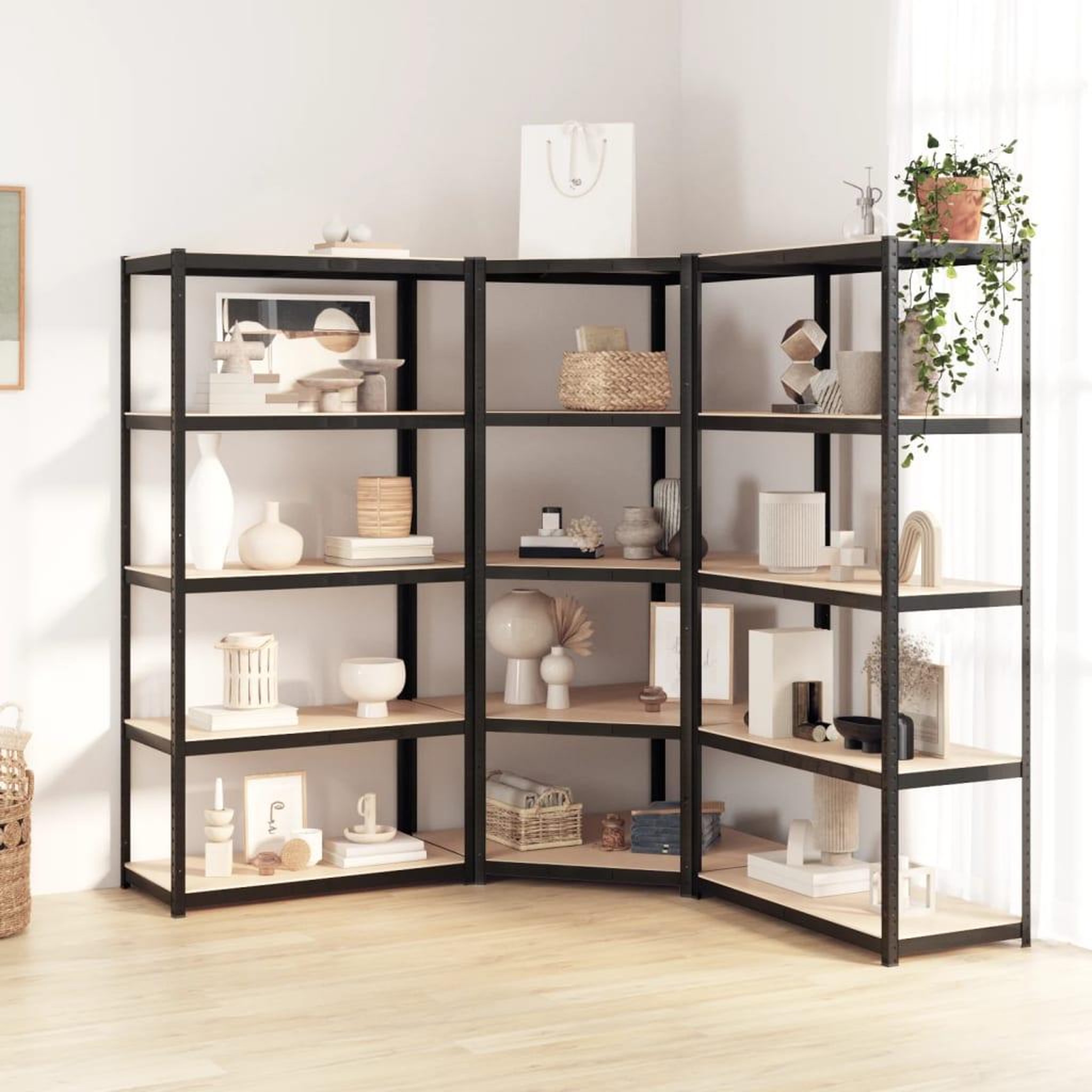Voir la diapositive 1 : VIDAXL Etagere a 5 niveaux 3 pcs Gris Acier et bois ingenierie