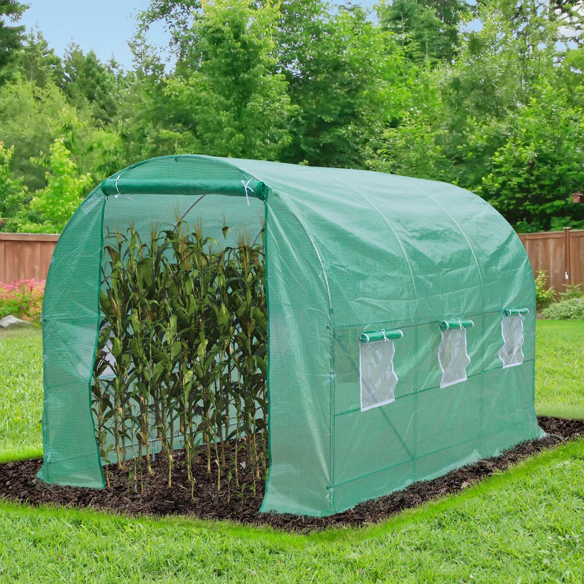 Voir la diapositive 2 : OUTSUNNY Serre de jardin tunnel 7m² 3,5l x 2l x 2h m châssis tubulaire acier galvanisé renforcé 6 fenêtres 1 portes vert