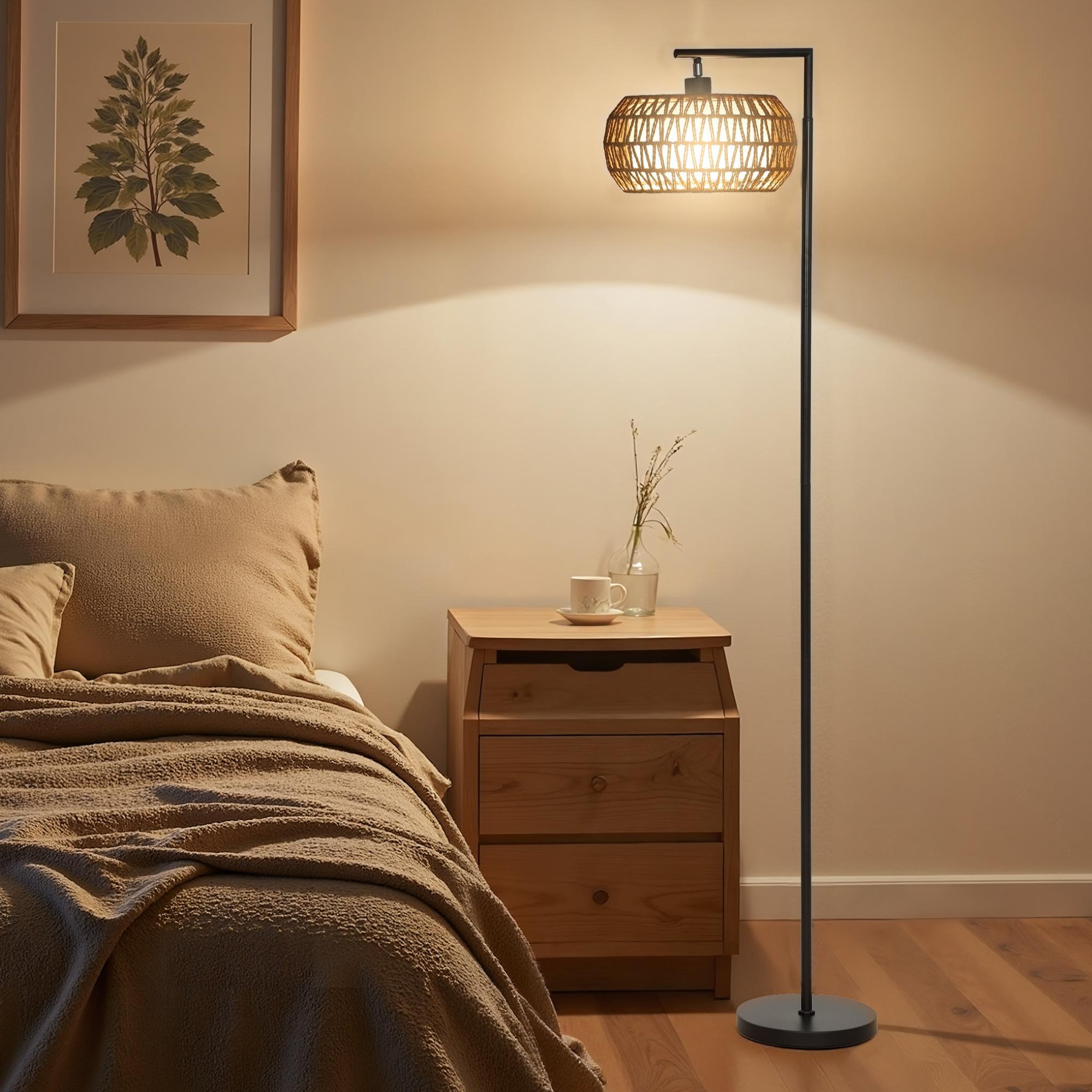 Voir la diapositive 2 : HOMCOM Lampadaire sur pied style bohème h.170cm métal noir abat-jour cloche tissu tressé