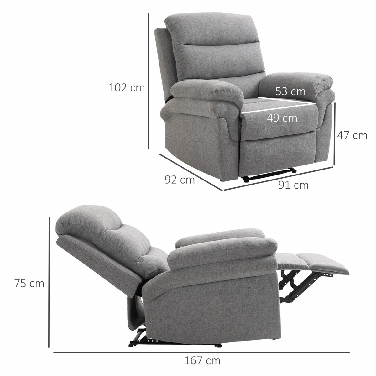 HOMCOM Fauteuil de relaxation inclinable manuel avec repose-pied ajustable tissu polyester aspect lin gris clair chiné
