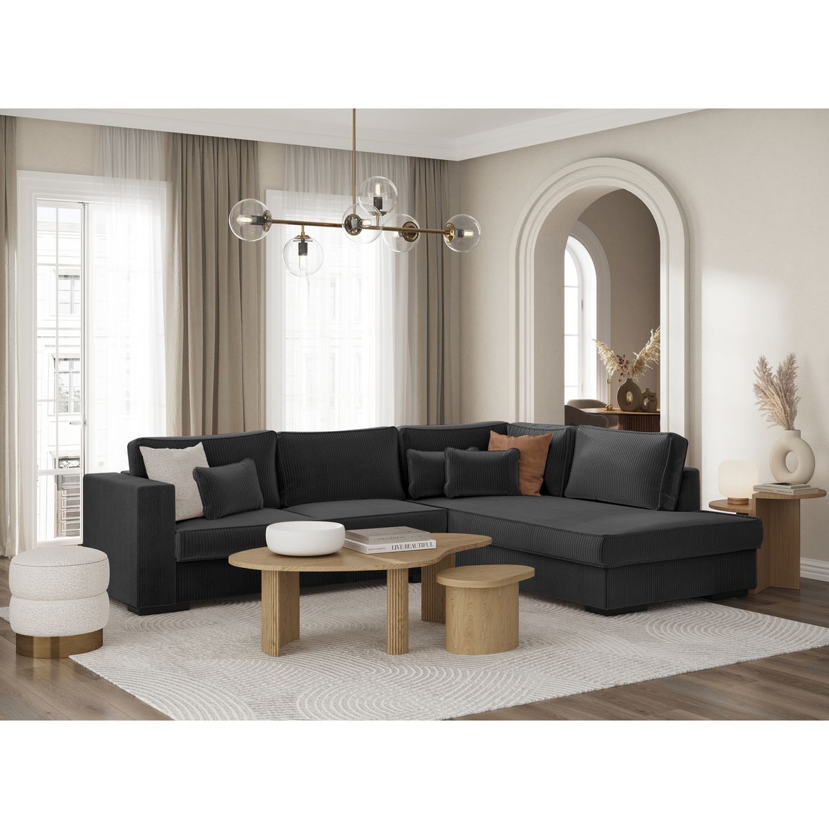 Canapé d'angle droit 4 places velours cotelé PENELOPE