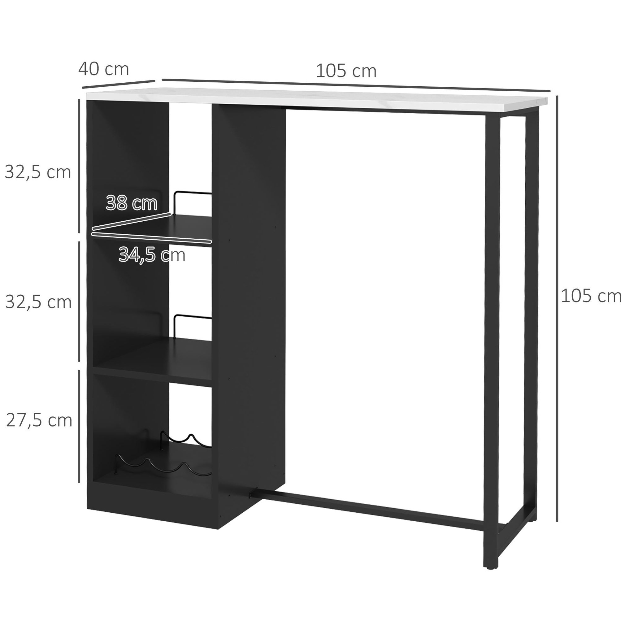 Voir la diapositive 3 : HOMCOM Table de bar design contemporain - table haute 3 niches avec range-bouteilles - acier panneaux noir aspect marbre blanc