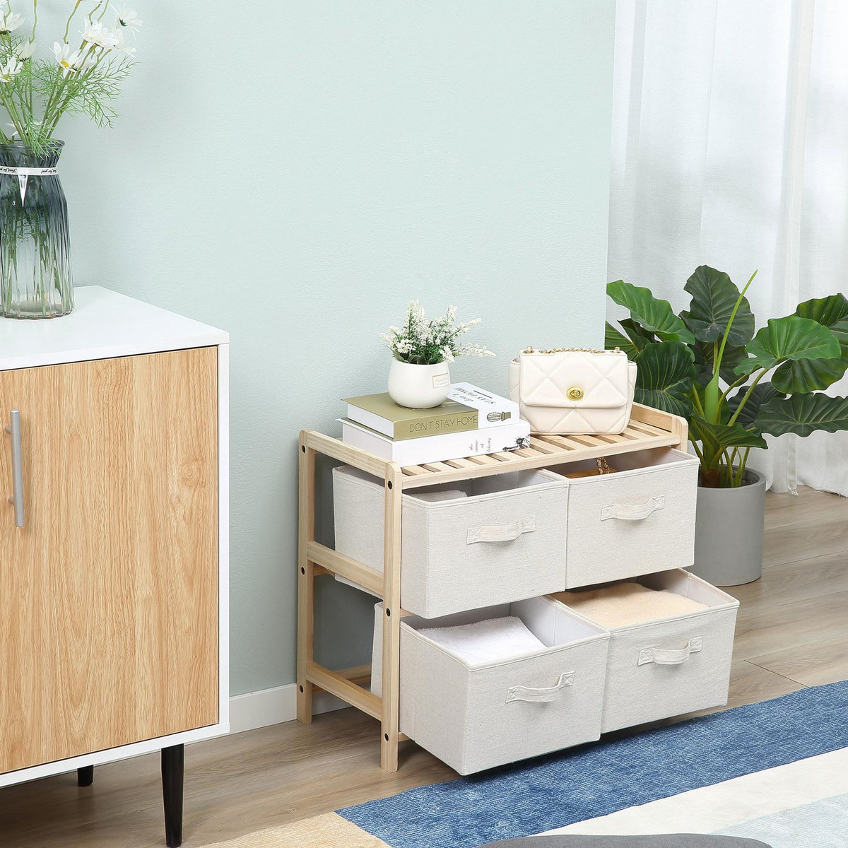 HOMCOM Commode 4 tiroirs tissu polyester beige dim. 59L x 28l x 50H cm bois sapin