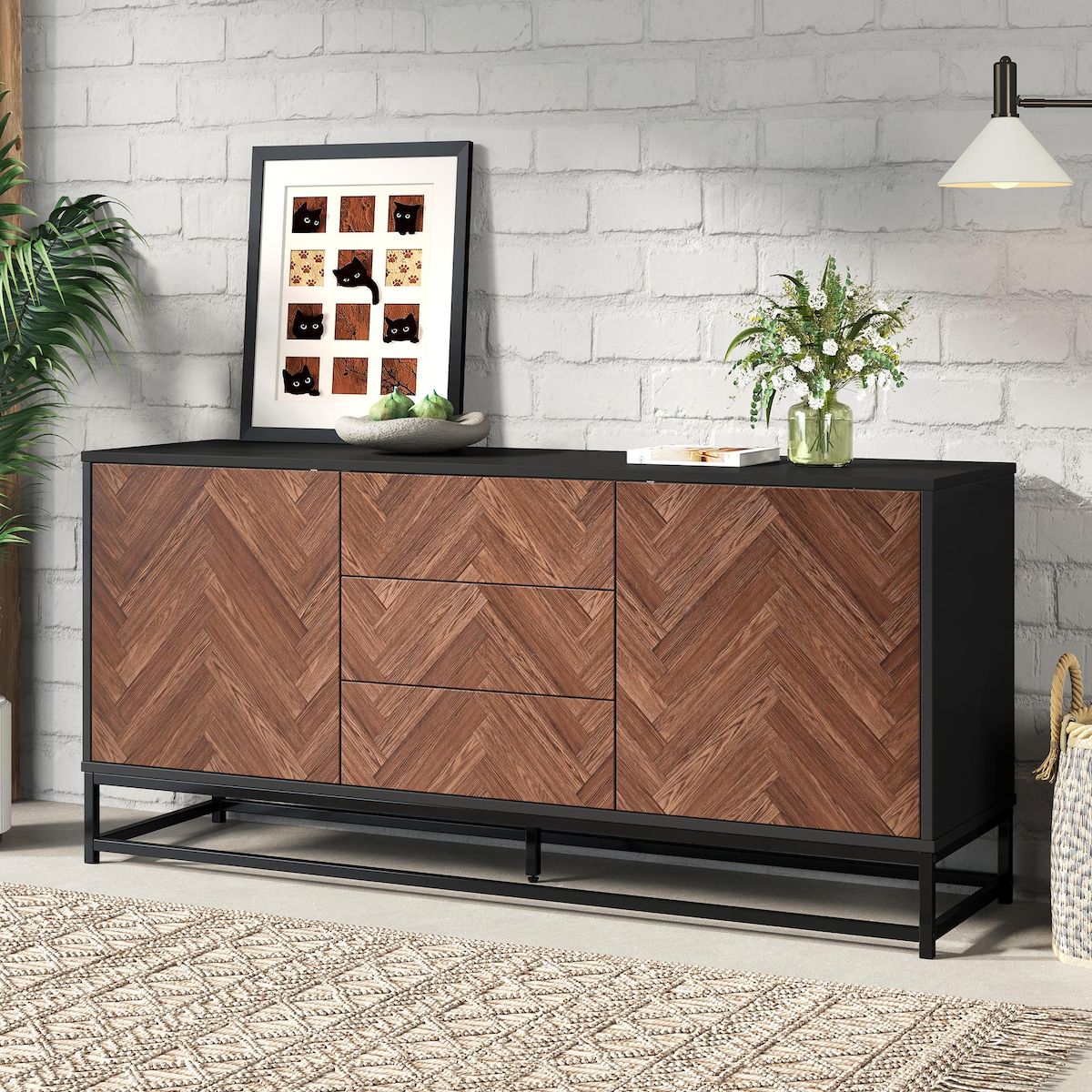MERAX Buffet 2 porte(s) 3 tiroir(s) - 145 cm noir+naturel panneau de particules