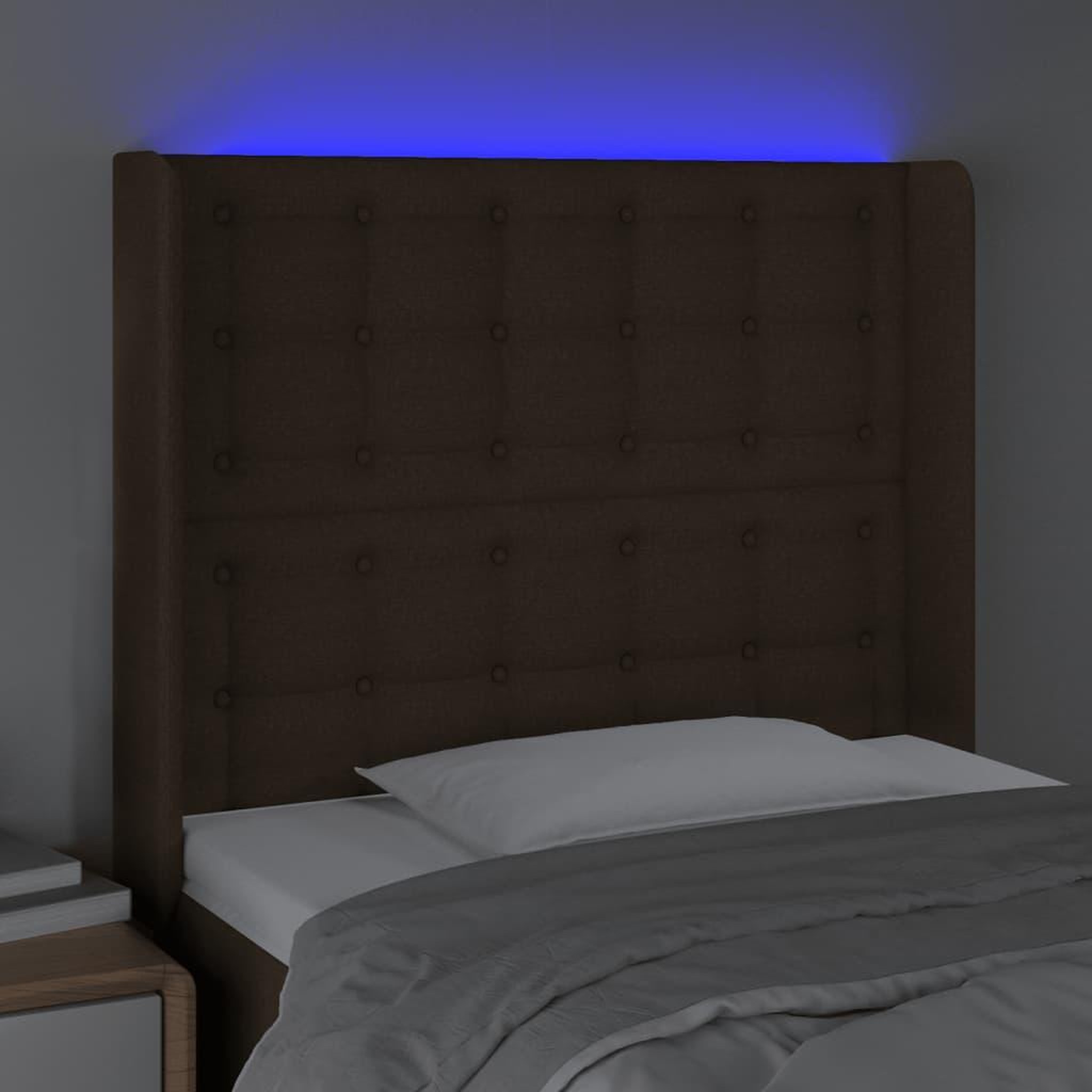 Voir la diapositive 4 : VIDAXL Tete de lit a LED Marron fonce 103x16x118/128 cm Tissu
