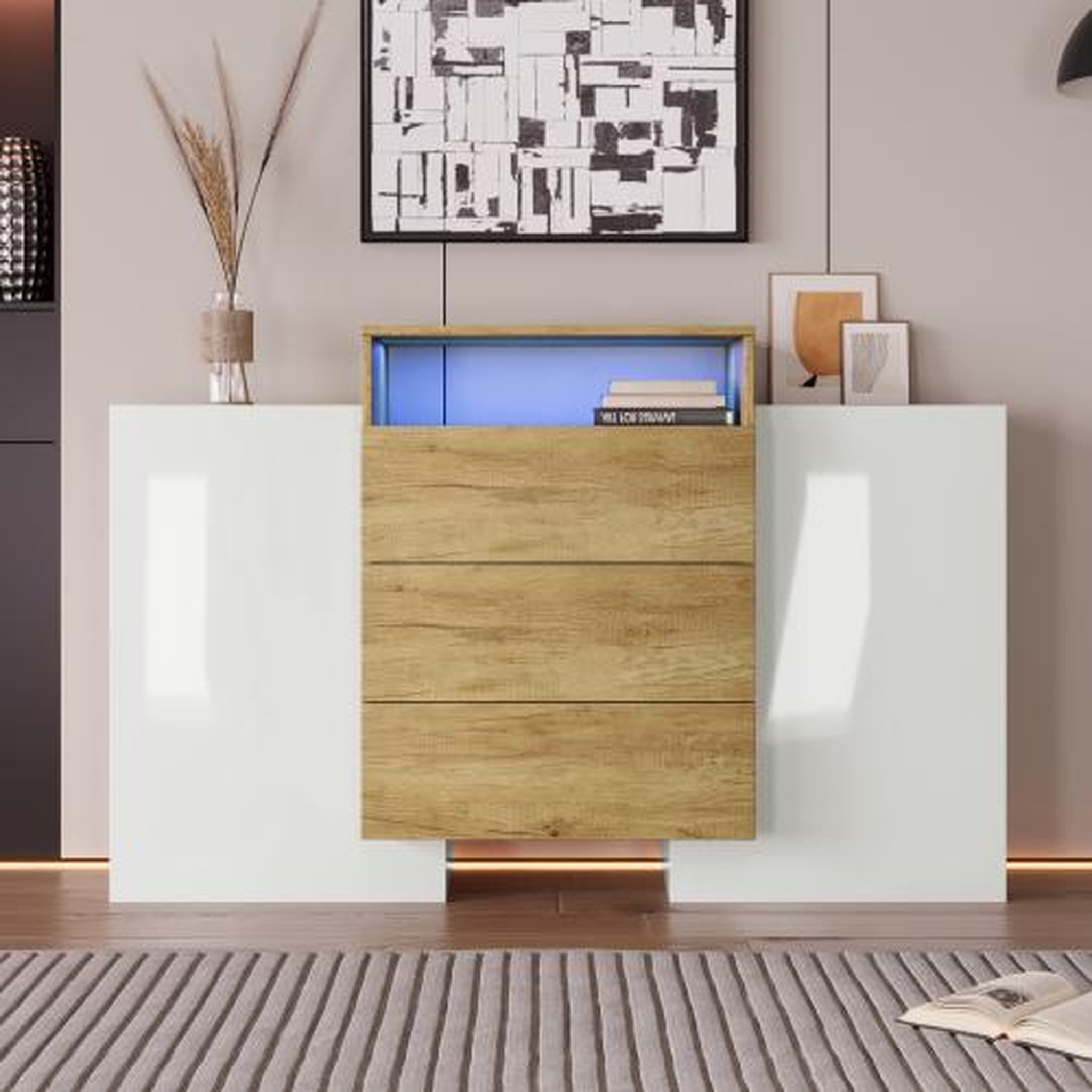 Voir la diapositive 2 : MERAX Buffet 2 porte(s) 3 tiroir(s) - 140 cm blanc+naturel led mdf