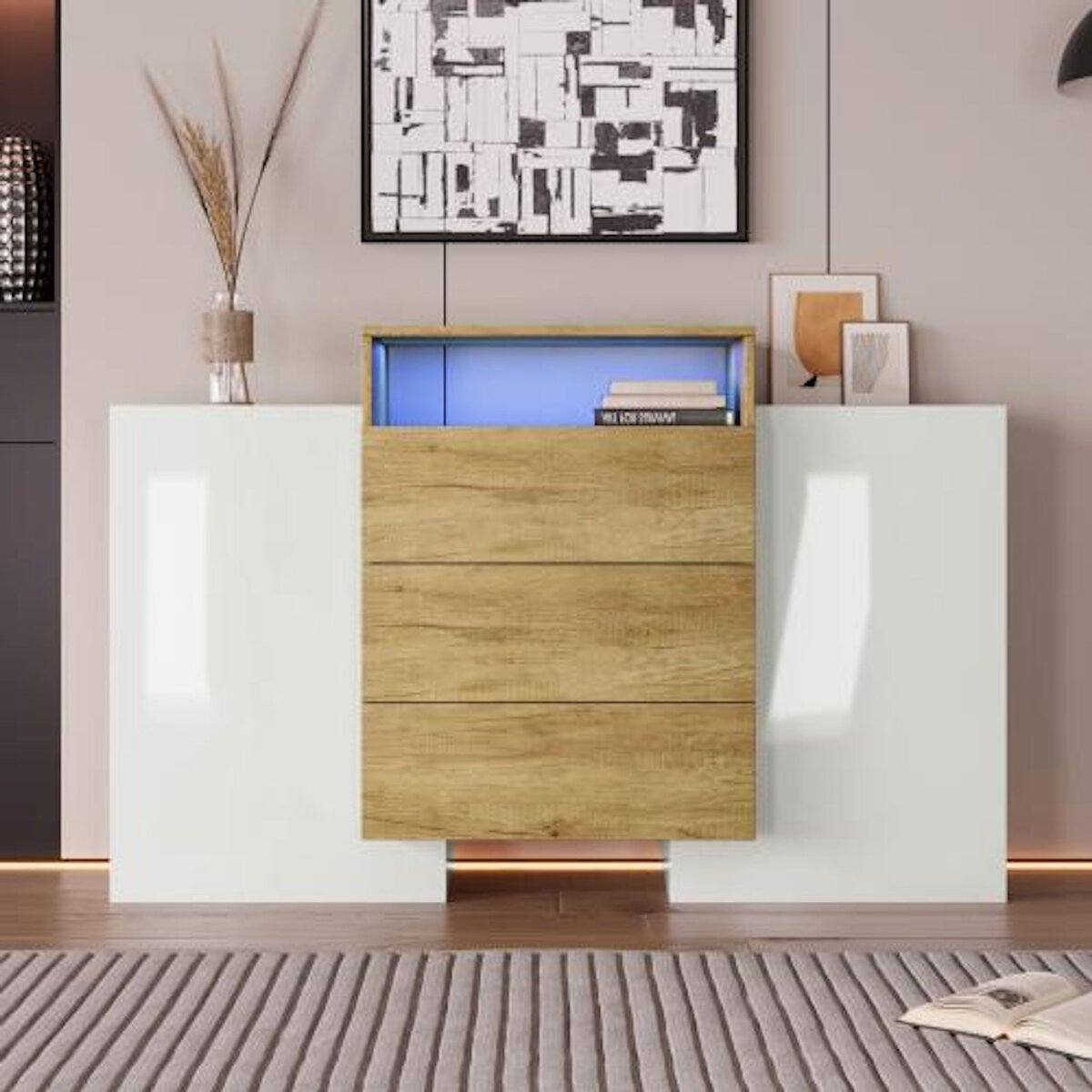 MERAX Buffet 2 porte(s) 3 tiroir(s) - 140 cm blanc+naturel led mdf