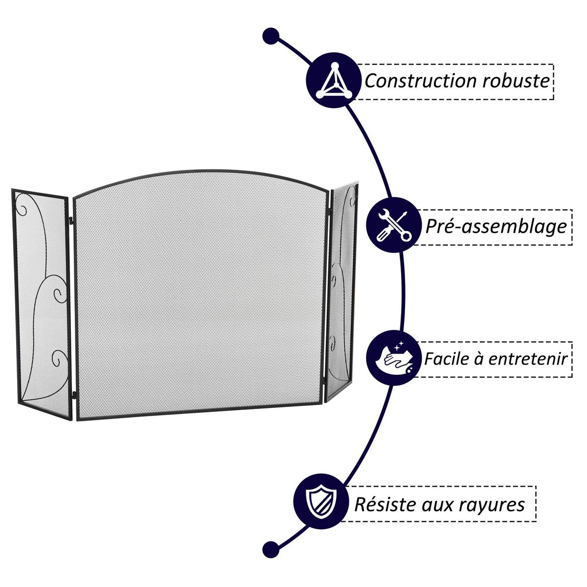 HOMCOM Pare-feu cheminée ou poêle - pare-étincelles 3 volets pliables acier métal noir