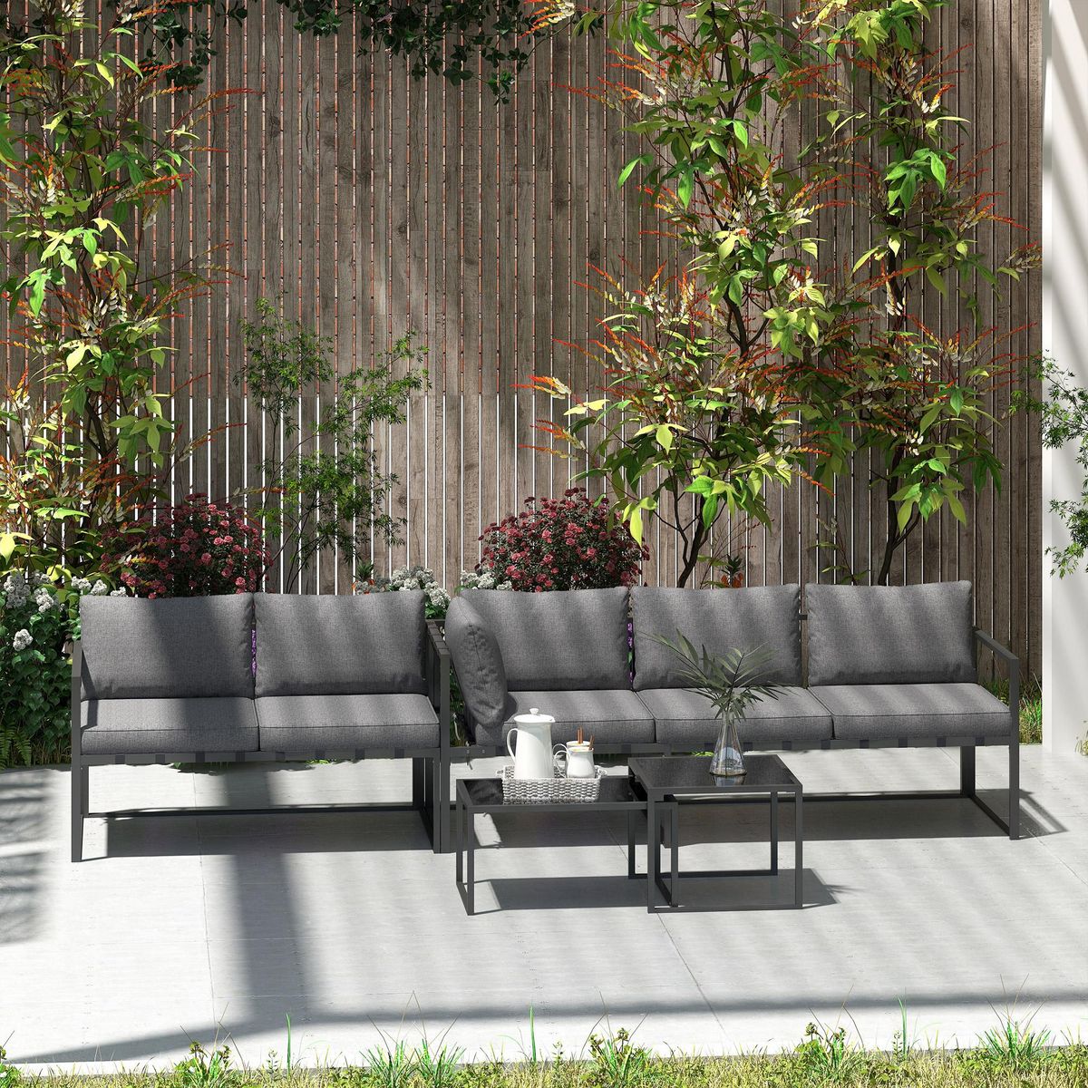 OUTSUNNY Ensemble salon de jardin d'angle 5 places 4 pièces modulables tables basses gigognes acier verre trempé noir gris