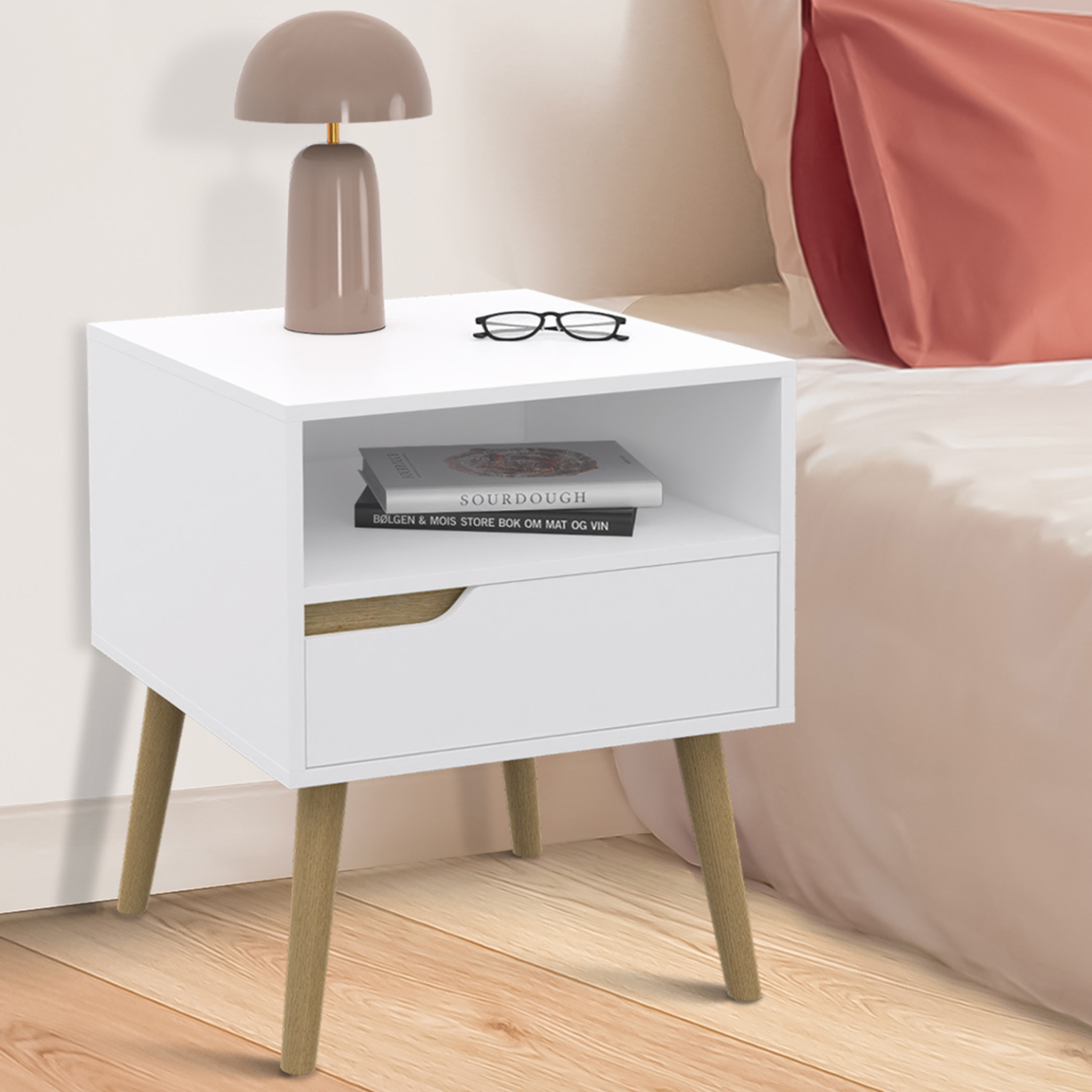 Voir la diapositive 2 : ID MARKET Lot de 2 tables de chevet HELSINKI scandinaves 1 tiroir avec niche blanc