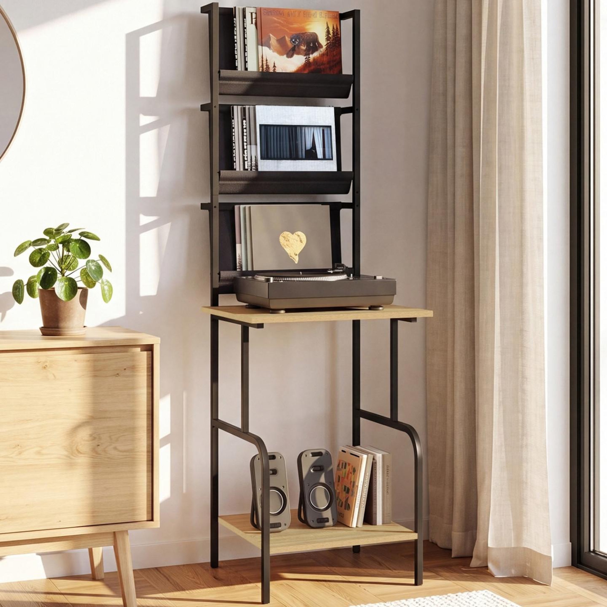 Voir la diapositive 2 : ID MARKET Meuble d'appoint haut, rangement avec étagères, supports vinyles et platine H. 150 cm NEVIL design industriel