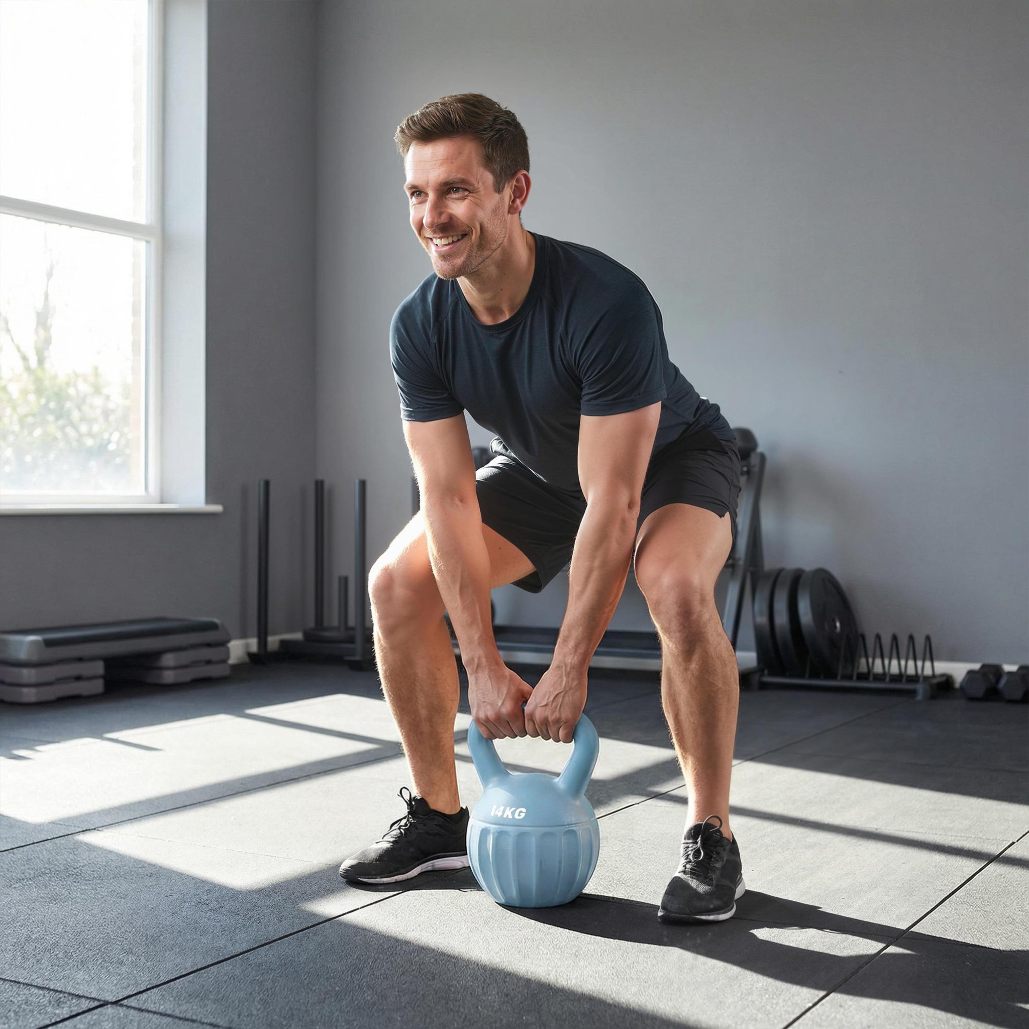 Voir la diapositive 6 : HOMCOM Kettlebell 14 kg - prise ergonomique - entraînement musculaire & haltérophilie - pp bleu ciel