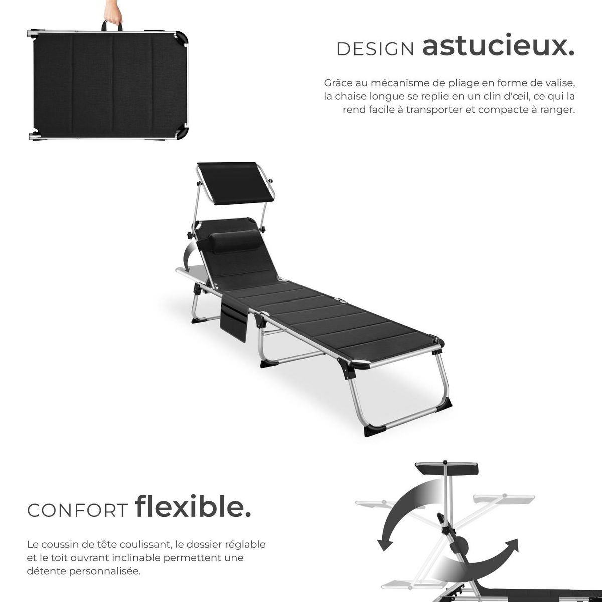 tectake Bain de soleil rembourré et pliable noir