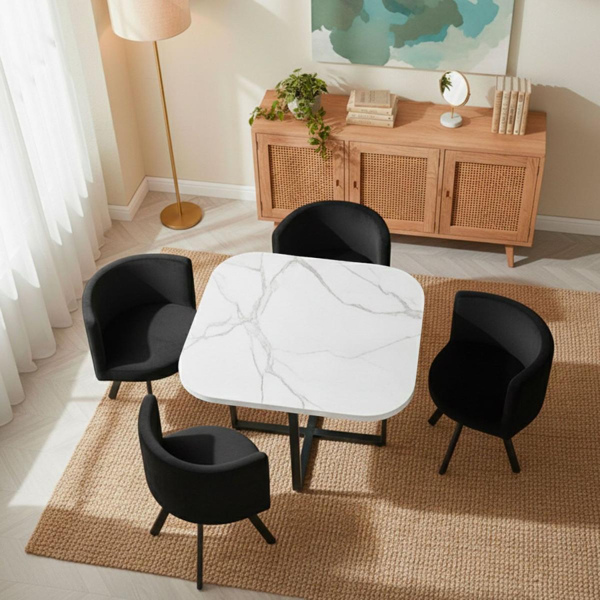 Voir la diapositive 4 : Paris Prix Ensemble table à manger & 4 chaises en velours  norway  90cm blanc & noir