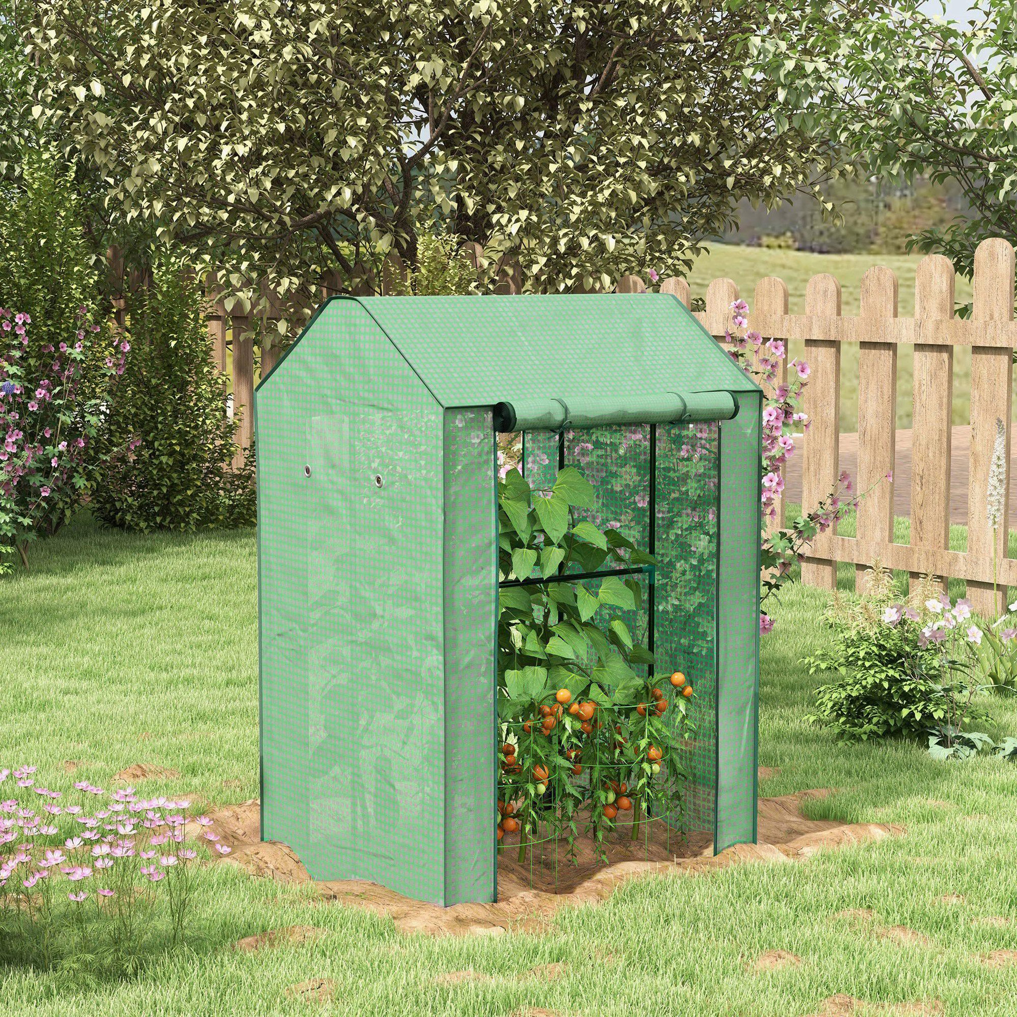 Voir la diapositive 2 : OUTSUNNY Serre de jardin avec 2 espaces et 2 portes enroulables - 0,8 m² serre à tomates dim. 1l x 0,8l x 1,5h m, acier et pe haute densité