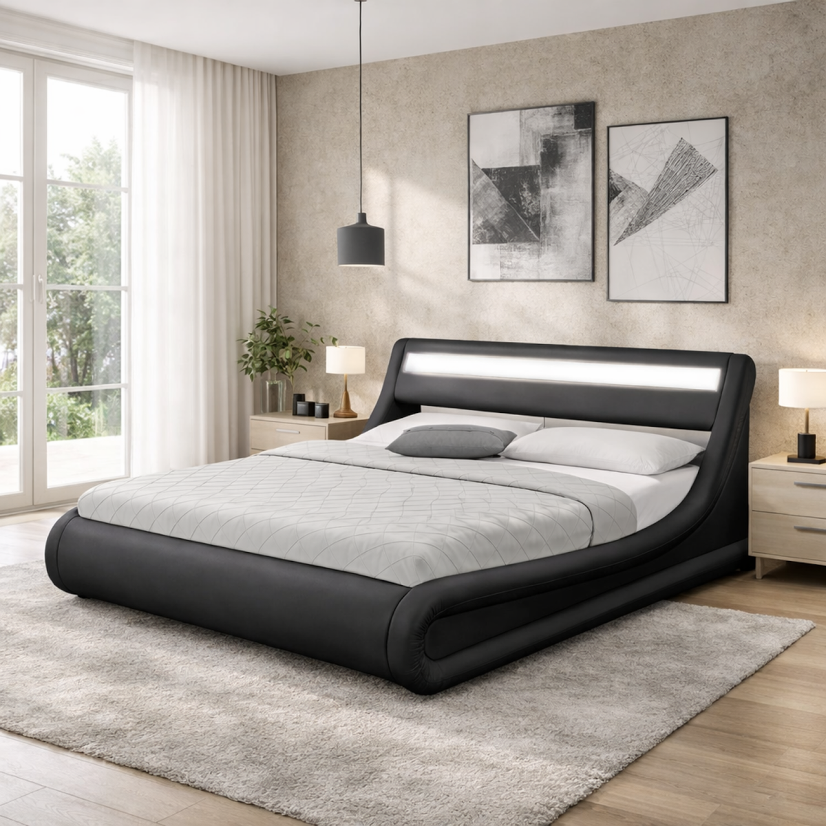 CONCEPT USINE Lit coffre avec led 140 x 190 cm noir PORTLAND