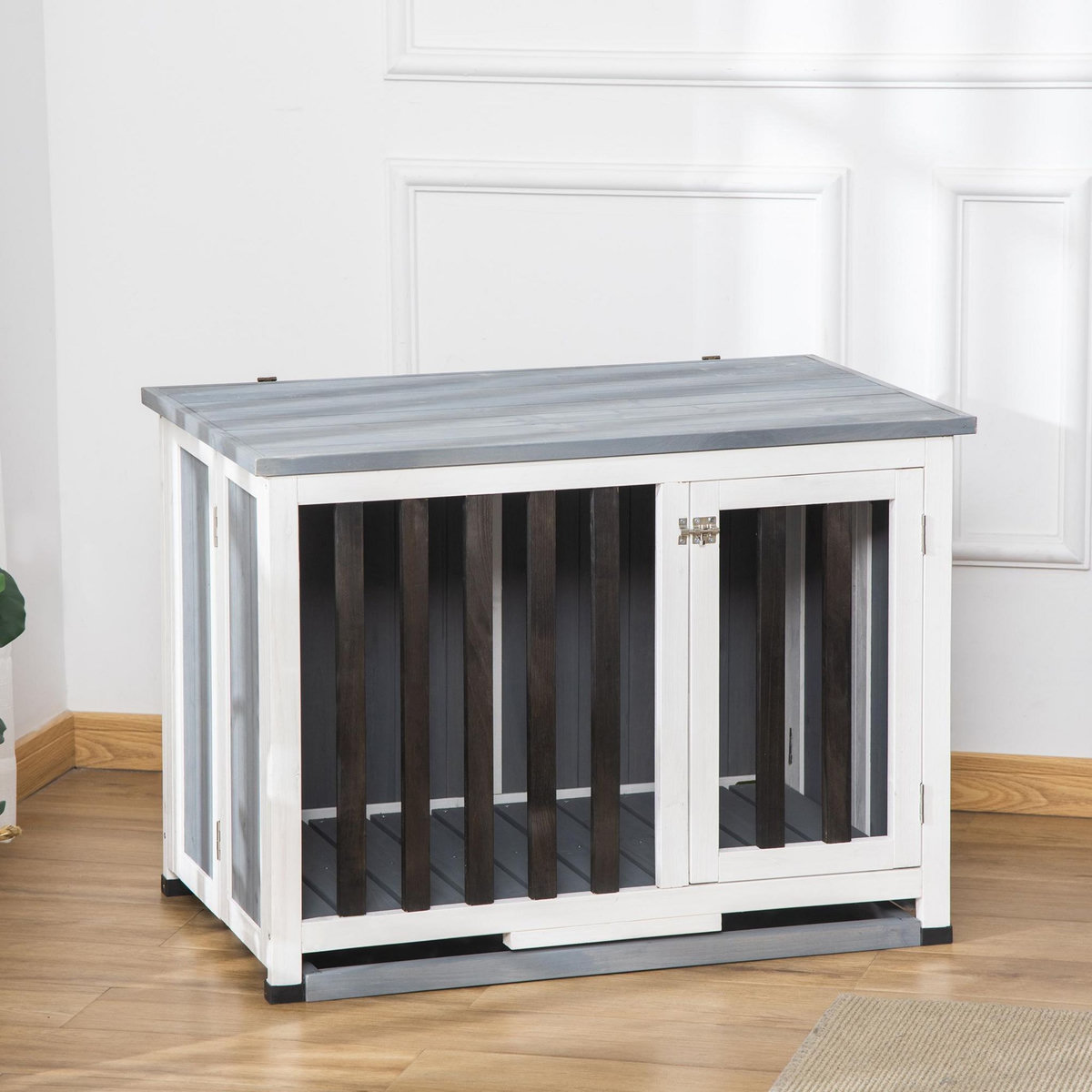 PAWHUT Cage pour chien animaux pliable dim. 84L x 51l x 61H cm porte verrouillable toit ouvrant plateau déjection bois sapin gris blanc noir
