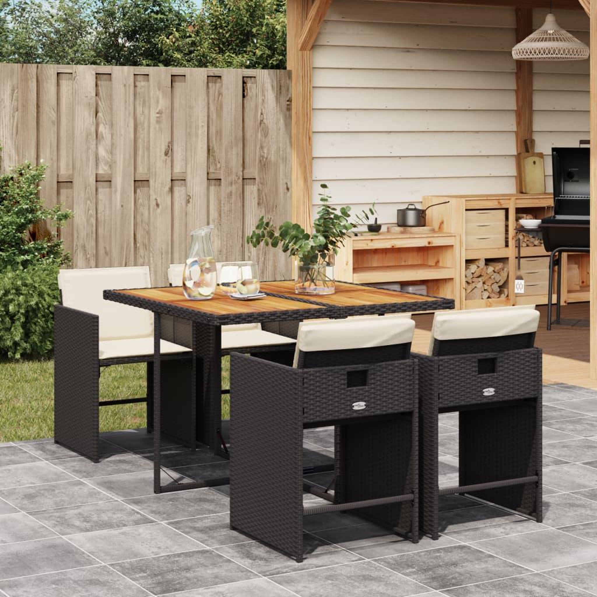 VIDAXL Ensemble a manger de jardin coussins 5pcs Noir Resine tressee