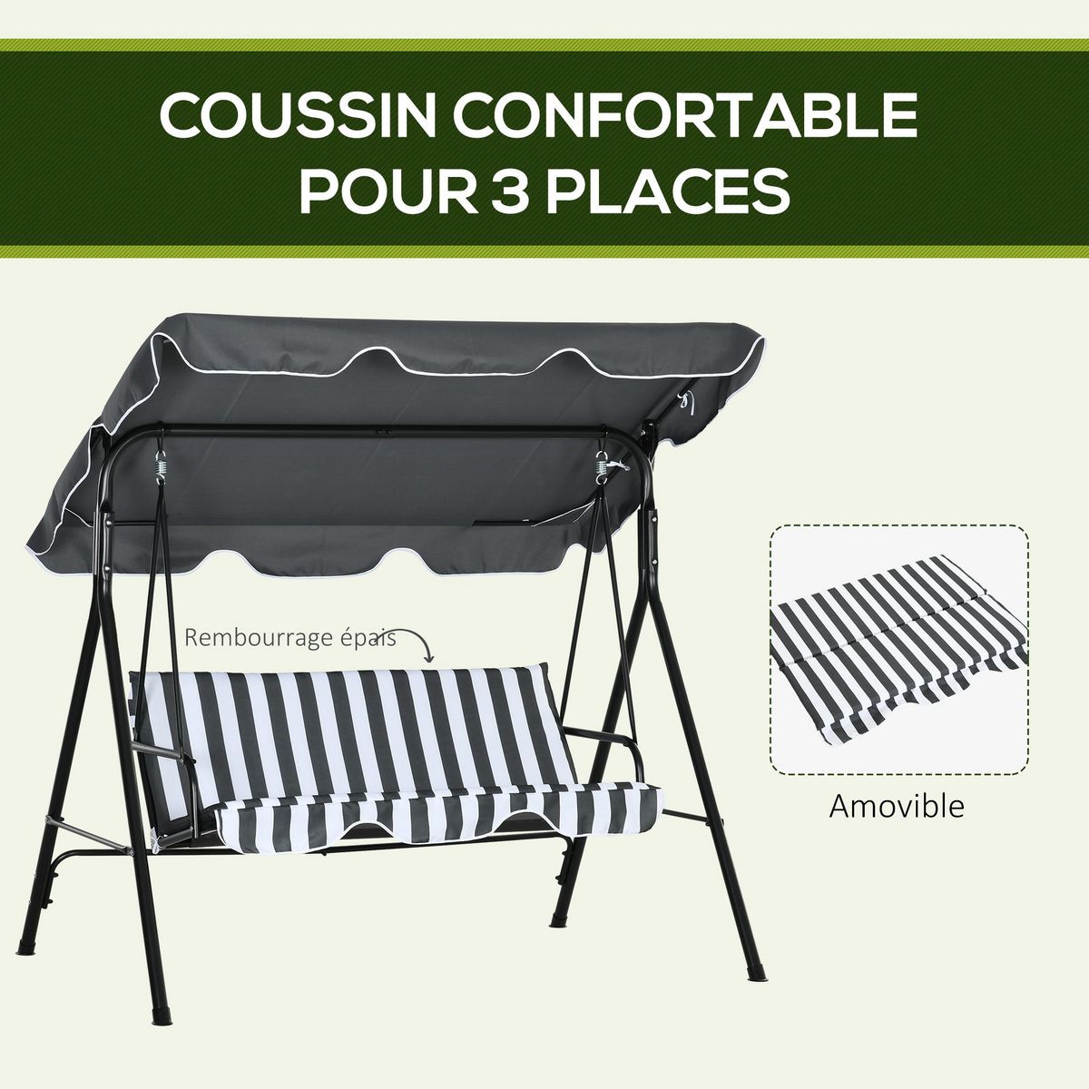 OUTSUNNY Balancelle de jardin 3 places toit réglable acier polyester blanc gris rayé