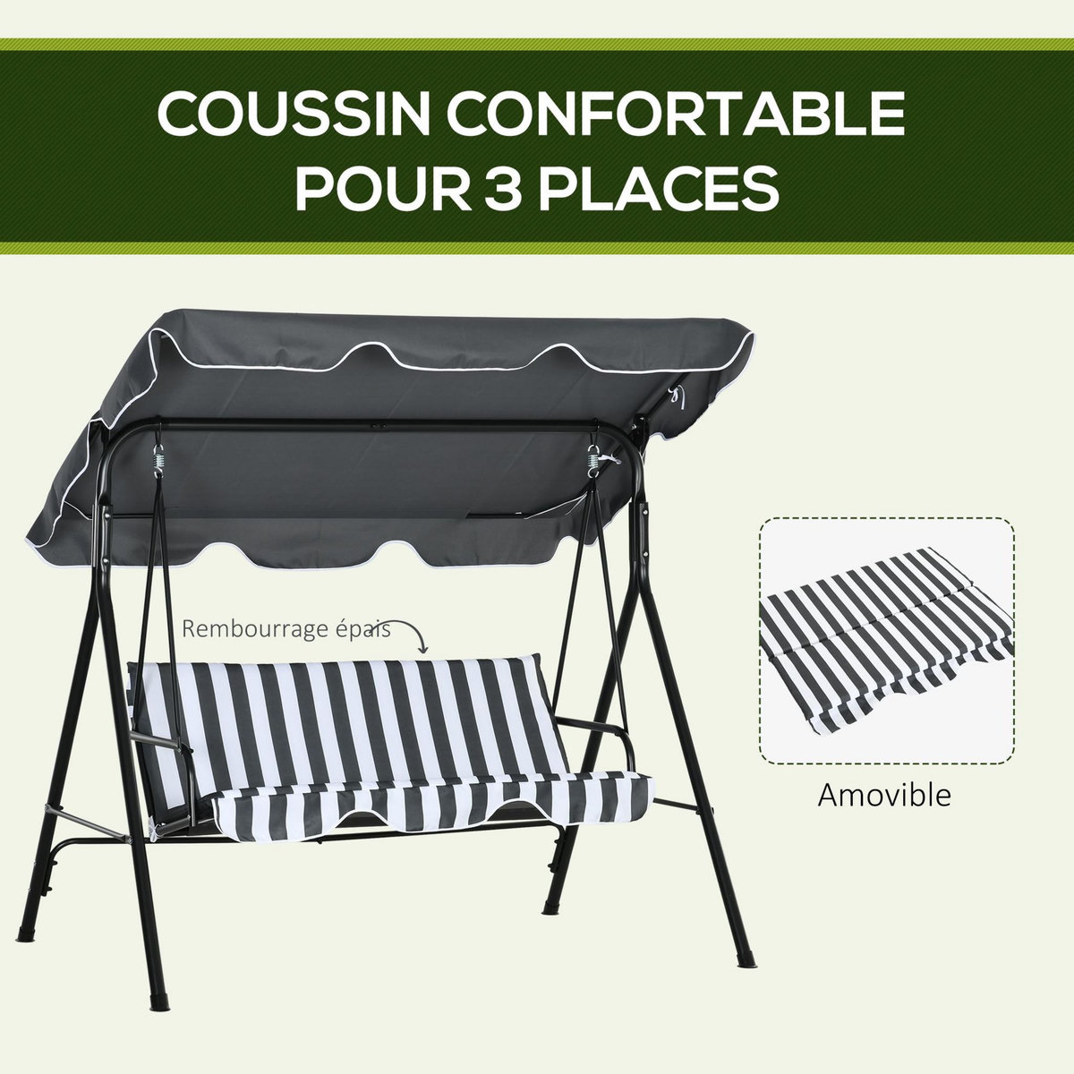 OUTSUNNY Balancelle de jardin 3 places toit réglable acier polyester blanc gris rayé