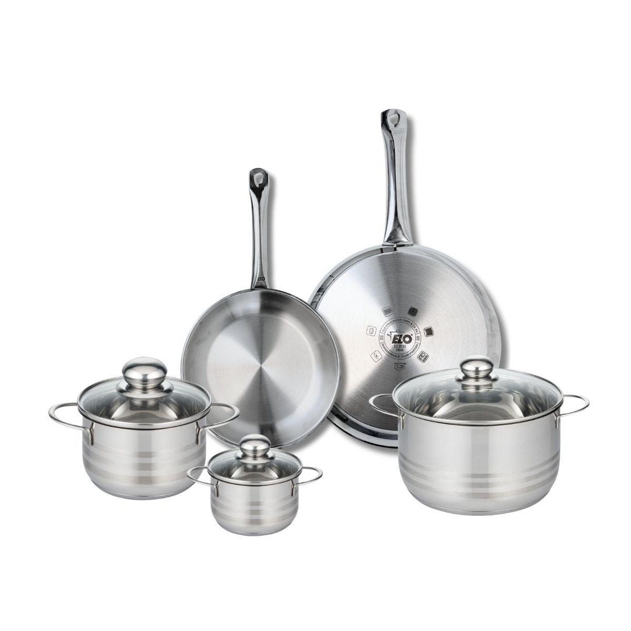 ELO Ensemble de 2 poêles de cuisson 24 et 28 cm et 3 faitouts 12, 16 et 20 cm elo profi brillant